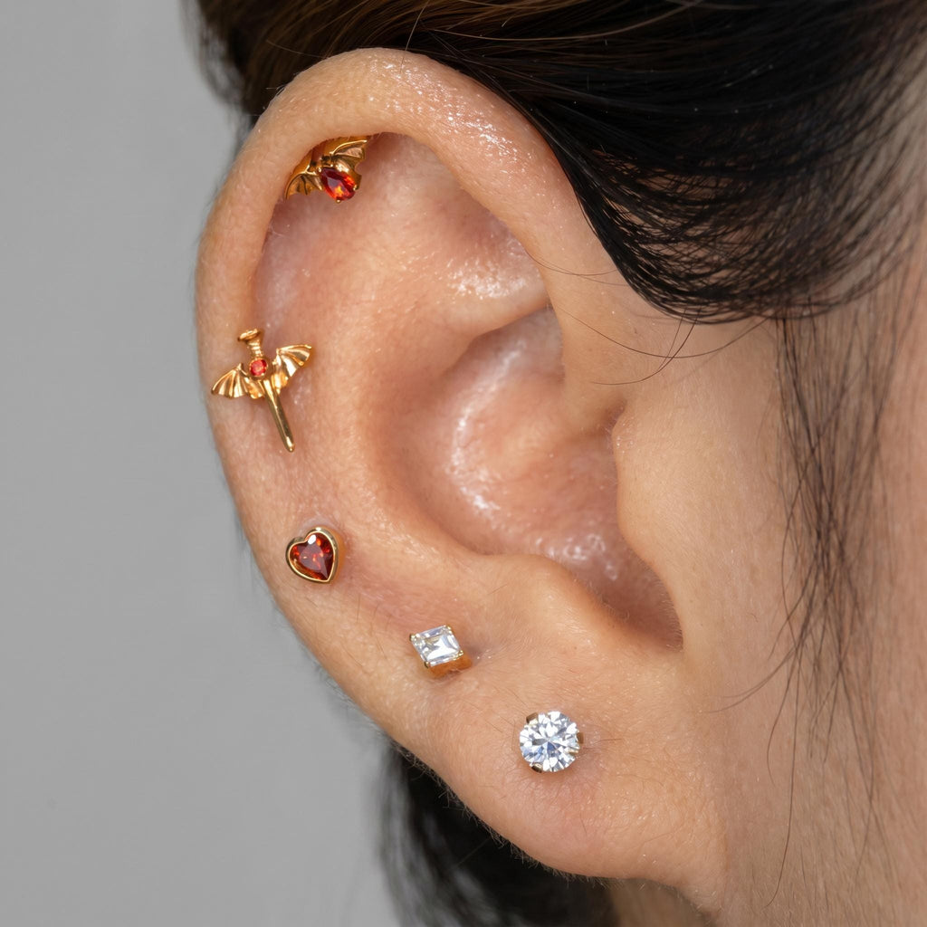 Garnet Red Heart CZ Flat Back Stud – Titanium Gothic Helix Earring