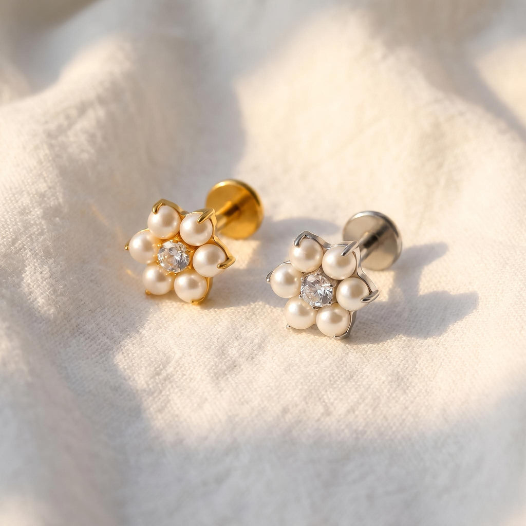 16G Titanium Pearl Flower Stud, ASTM F136 Flat Back Labret, CZ Floral Cartilage Earring, Tragus Helix Piercing, Dainty Nose Jewelry