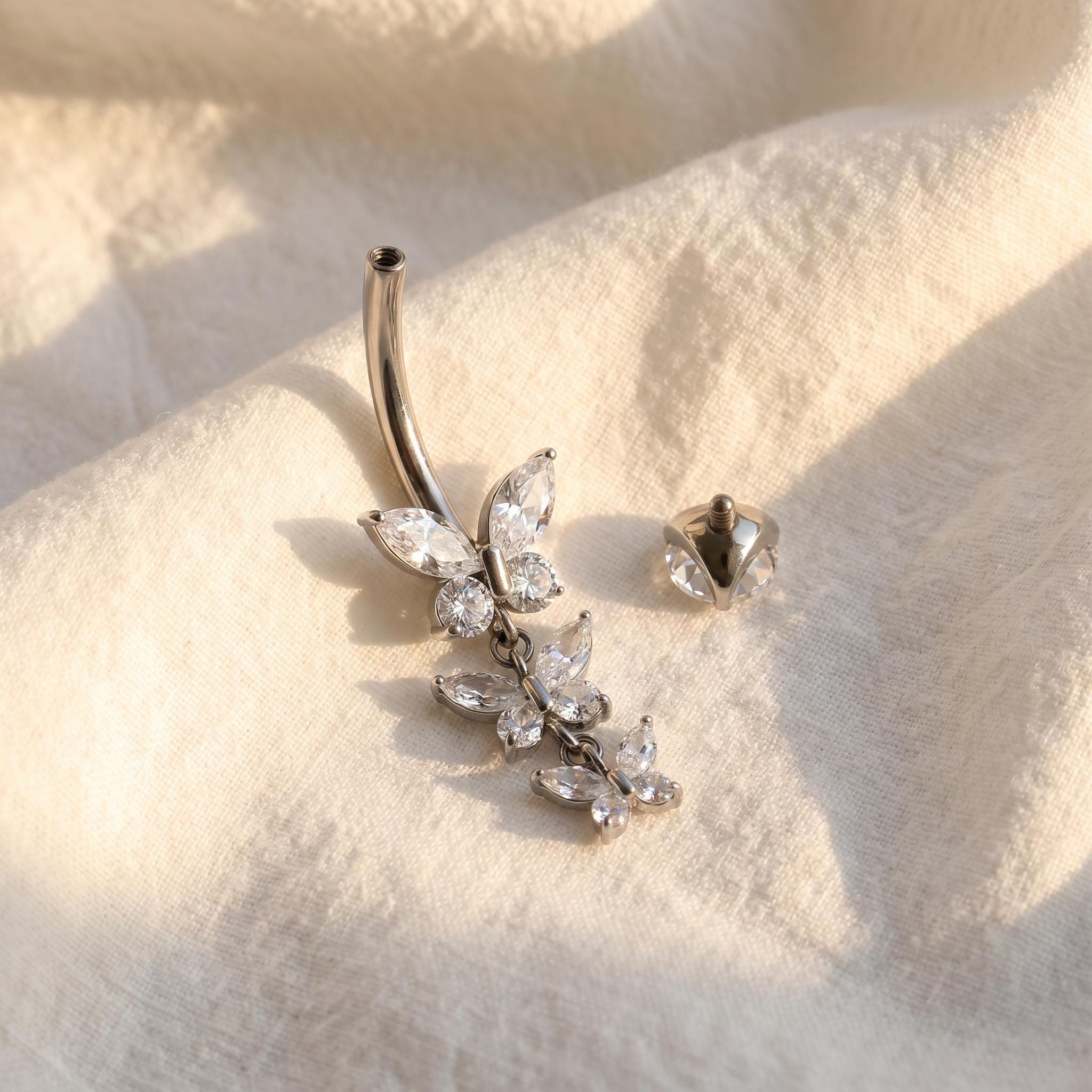 14G Titanium Triple Butterfly Belly Ring, Dangle CZ Navel Piercing, Sparkling Curved Barbell, Implant Grade Body Jewelry ASTM F136