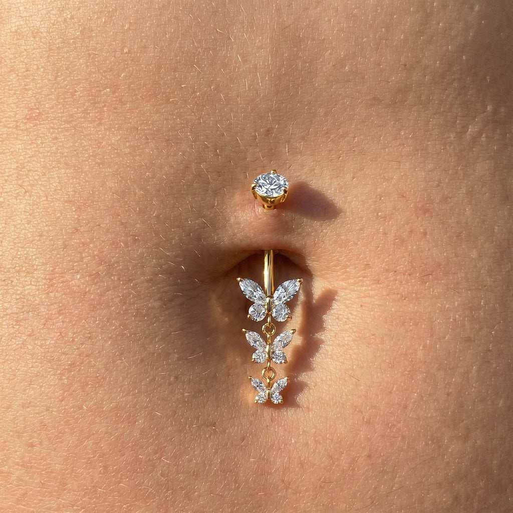 14G Titanium Triple Butterfly Belly Ring, Dangle CZ Navel Piercing, Sparkling Curved Barbell, Implant Grade Body Jewelry ASTM F136