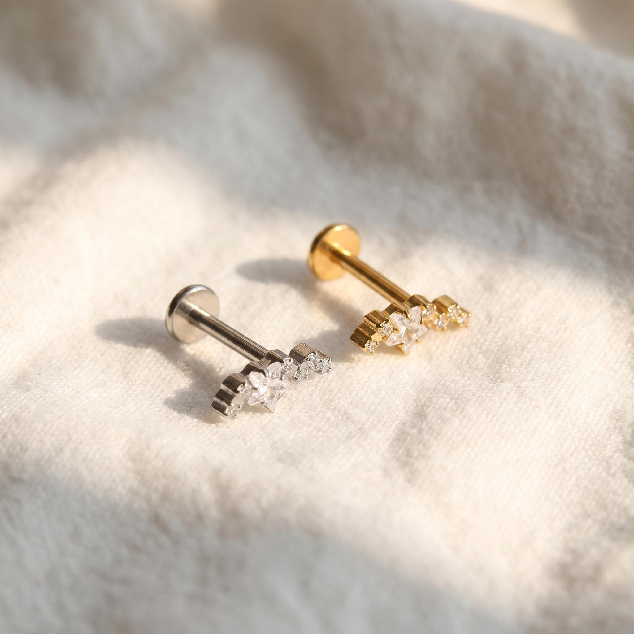 16G Titanium Constellation Star Labret, Internally Threaded Cartilage Stud, Conch Tragus Helix Piercing, Celestial Flat Back Earring