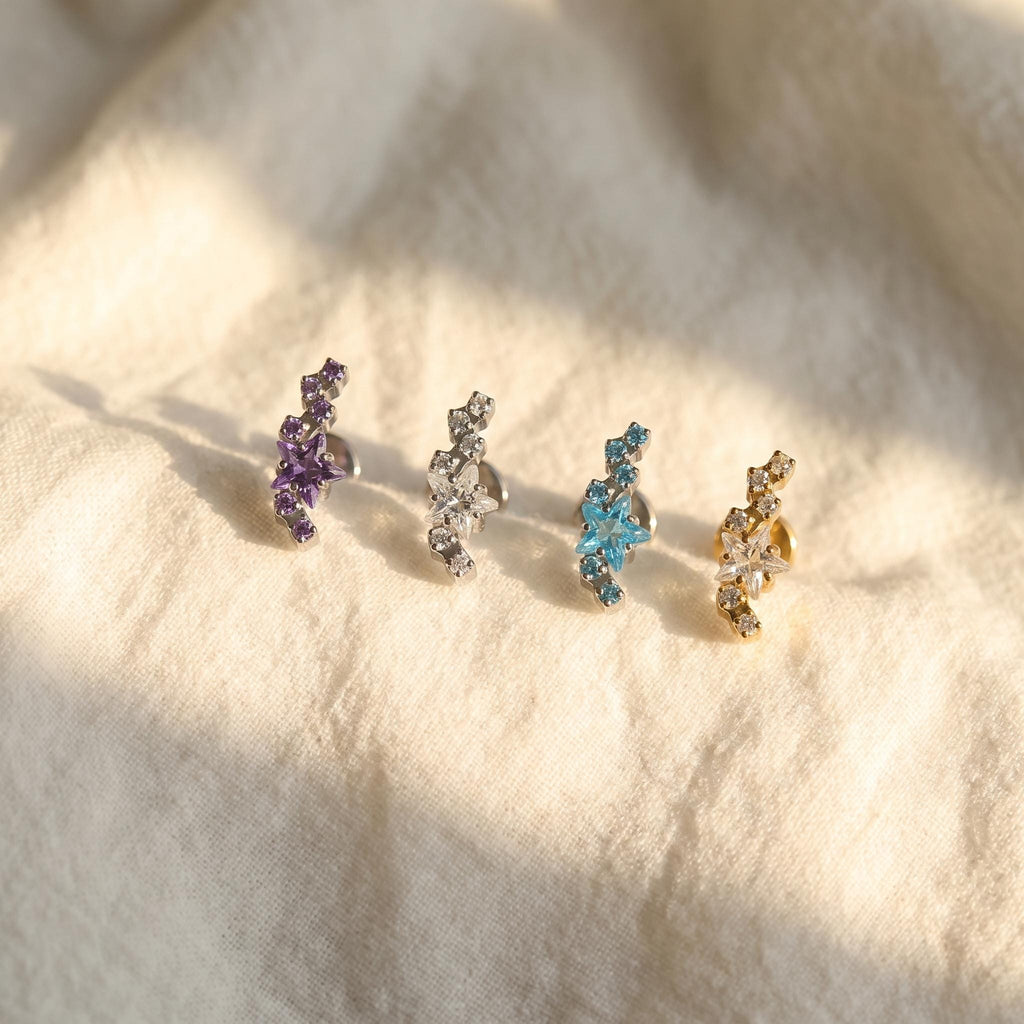 16G Titanium Constellation Star Labret, Internally Threaded Cartilage Stud, Conch Tragus Helix Piercing, Celestial Flat Back Earring