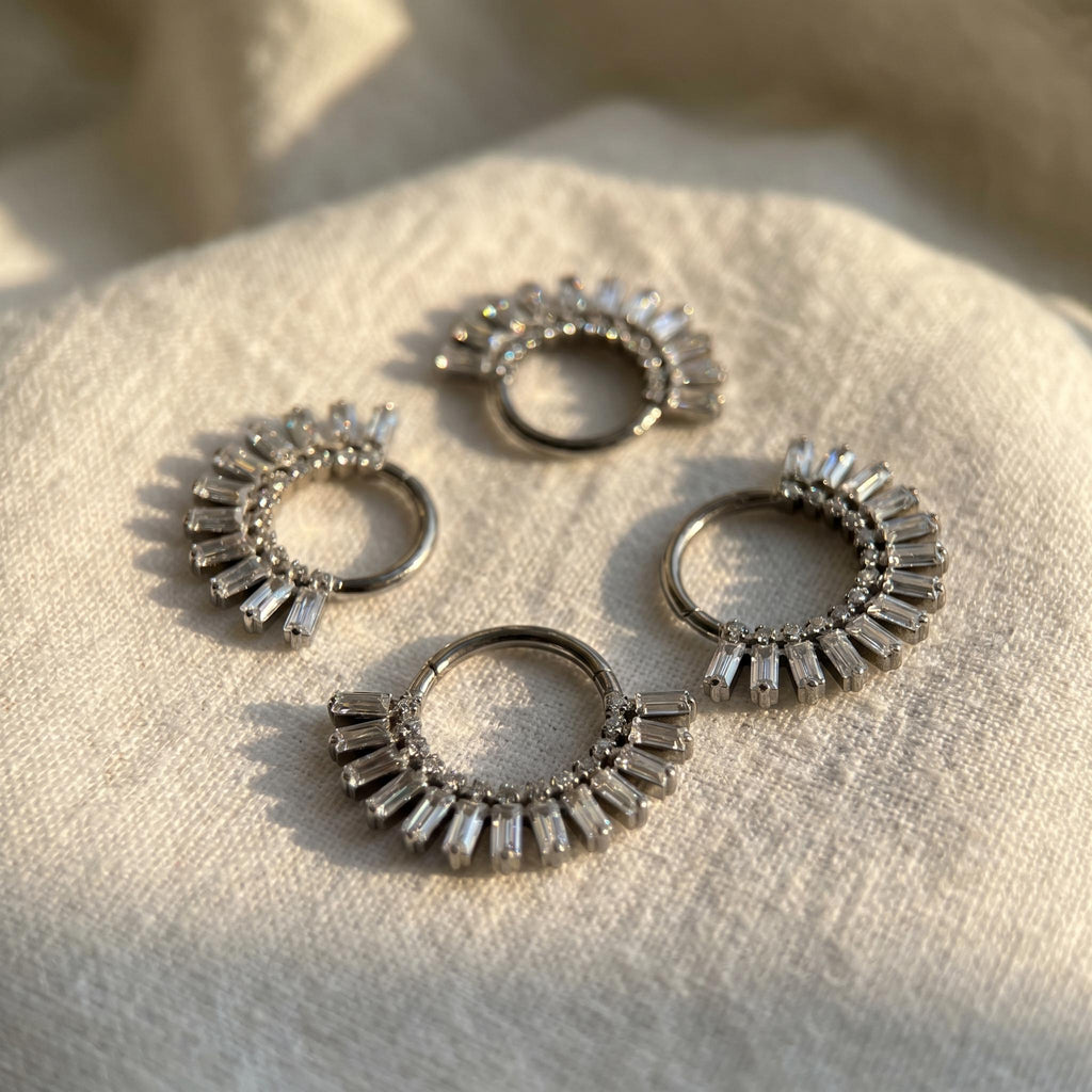 16G Titanium Sunburst Septum Clicker, Baguette CZ Daith Hoop, Crown Cartilage Earring, Radiant Hinged Segment Ring, ASTM F136