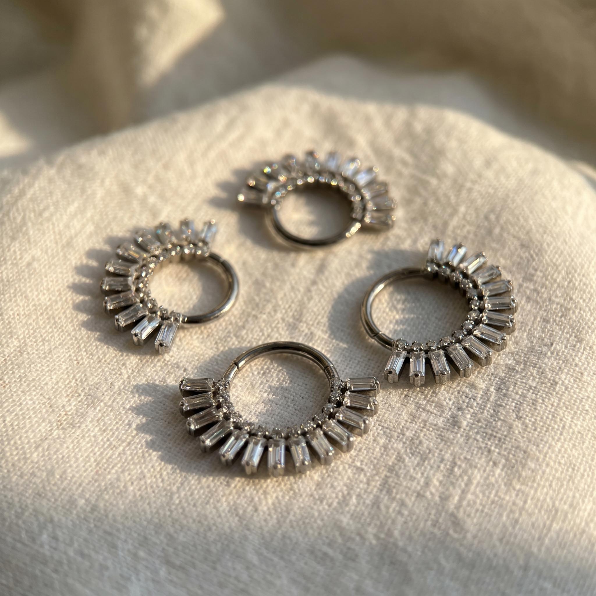 16G Titanium Sunburst Septum Clicker, Baguette CZ Daith Hoop, Crown Cartilage Earring, Radiant Hinged Segment Ring, ASTM F136