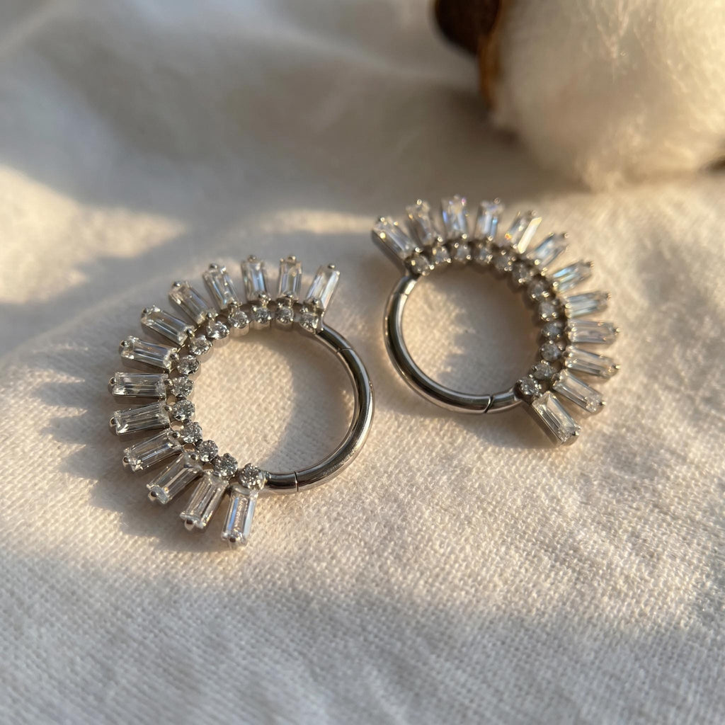 16G Titanium Sunburst Septum Clicker, Baguette CZ Daith Hoop, Crown Cartilage Earring, Radiant Hinged Segment Ring, ASTM F136