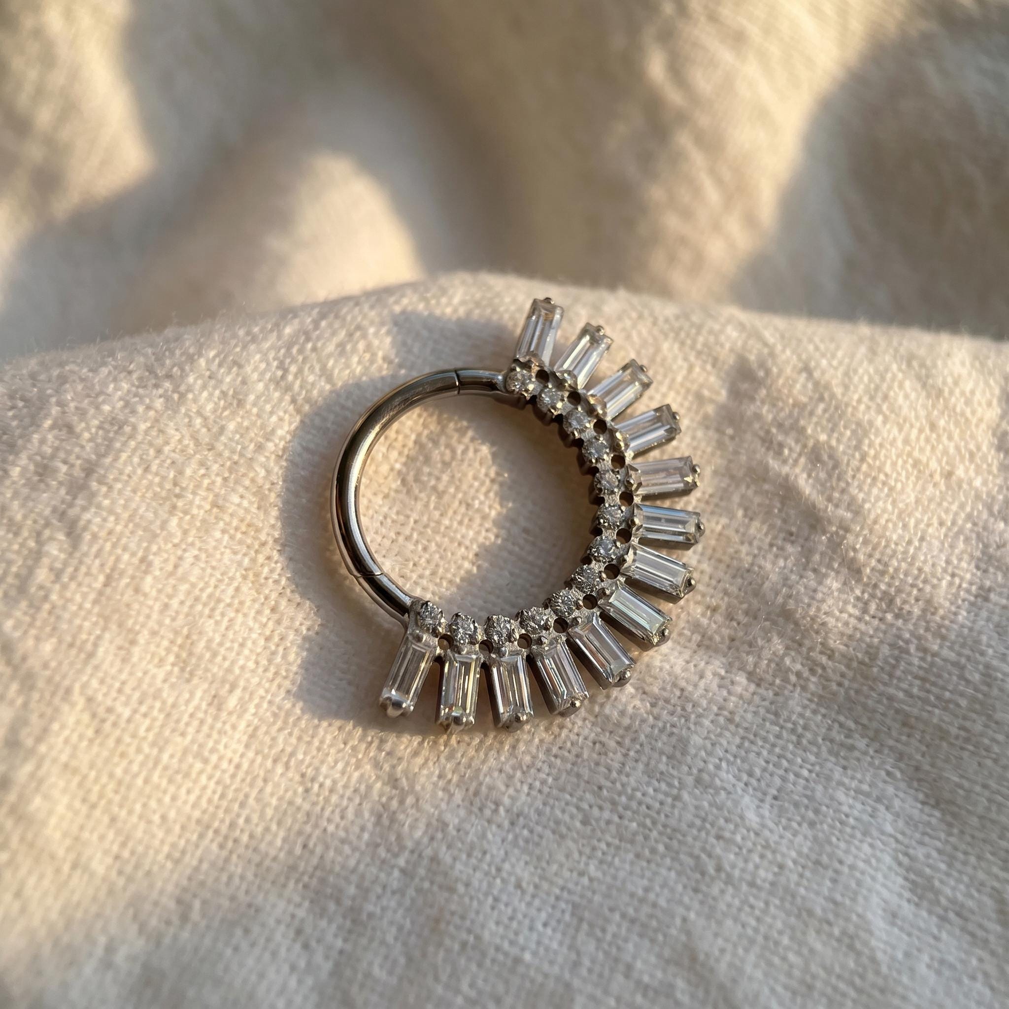 16G Titanium Sunburst Septum Clicker, Baguette CZ Daith Hoop, Crown Cartilage Earring, Radiant Hinged Segment Ring, ASTM F136