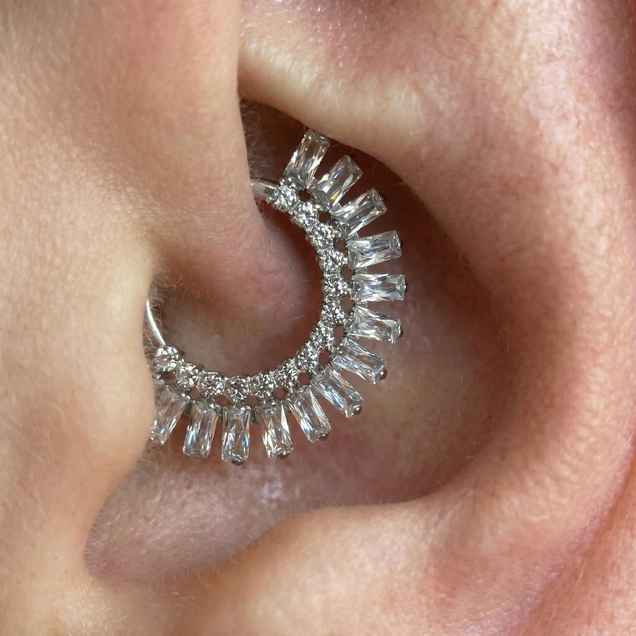 16G Titanium Sunburst Septum Clicker, Baguette CZ Daith Hoop, Crown Cartilage Earring, Radiant Hinged Segment Ring, ASTM F136