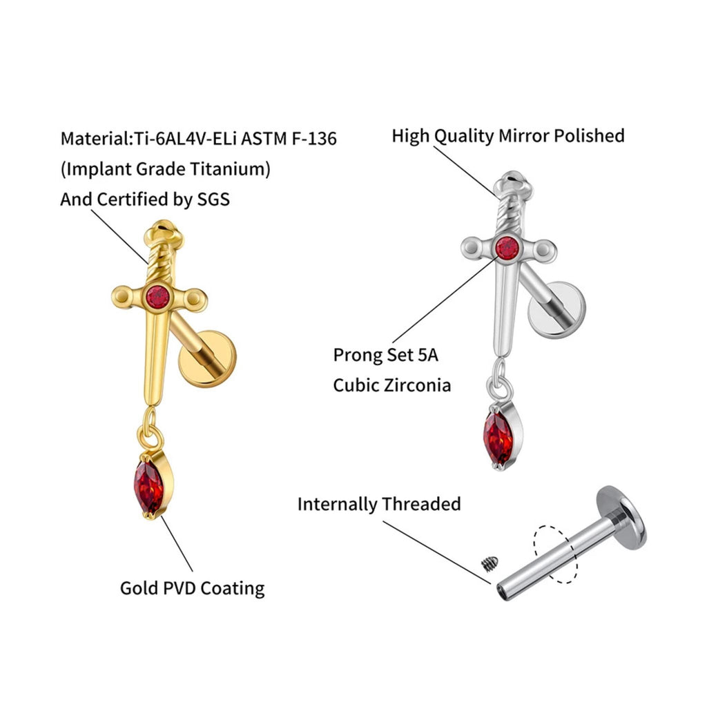 Sword Marquise Dangle Flat Back Stud – Titanium Cartilage Earring