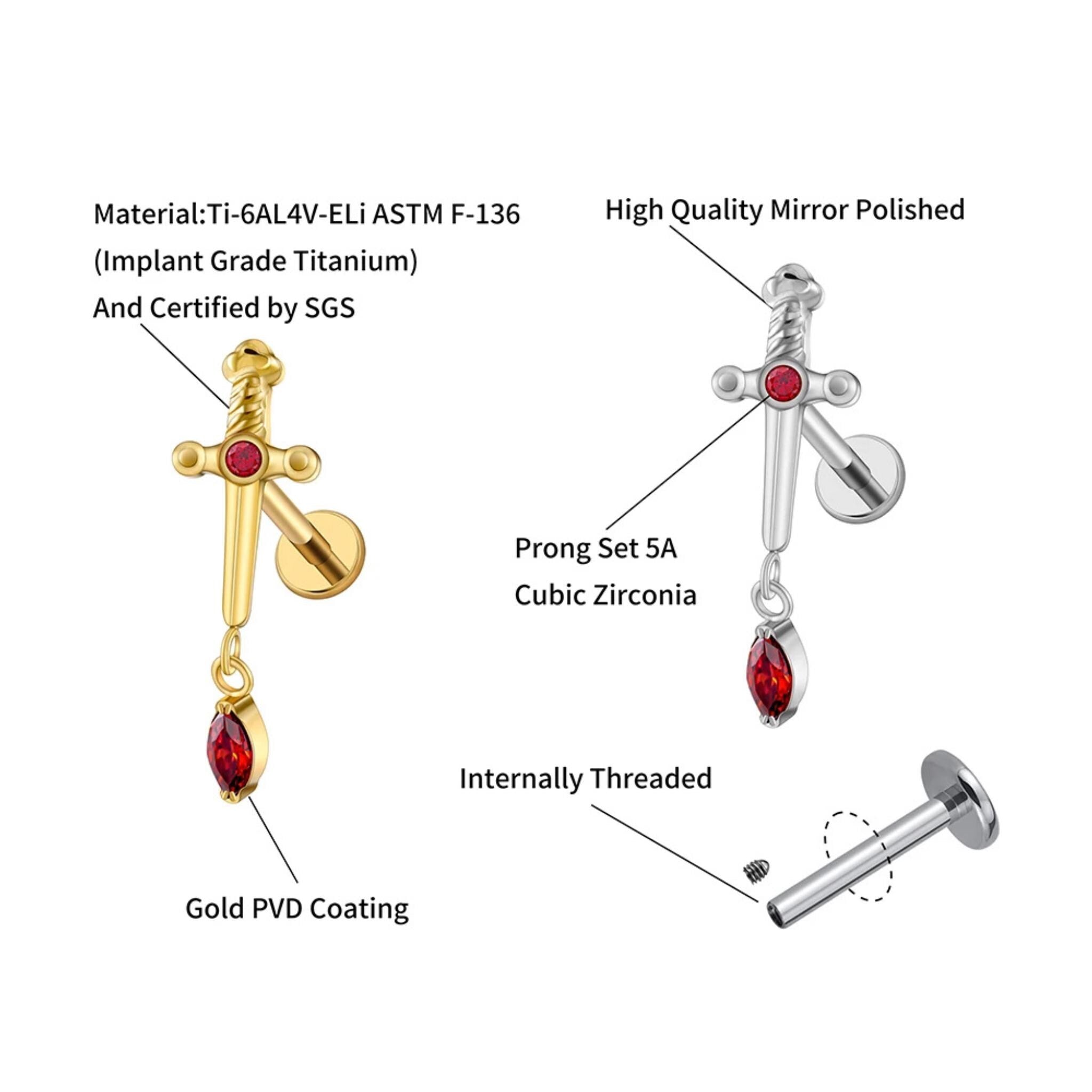 Sword Marquise Dangle Flat Back Stud – Titanium Cartilage Earring