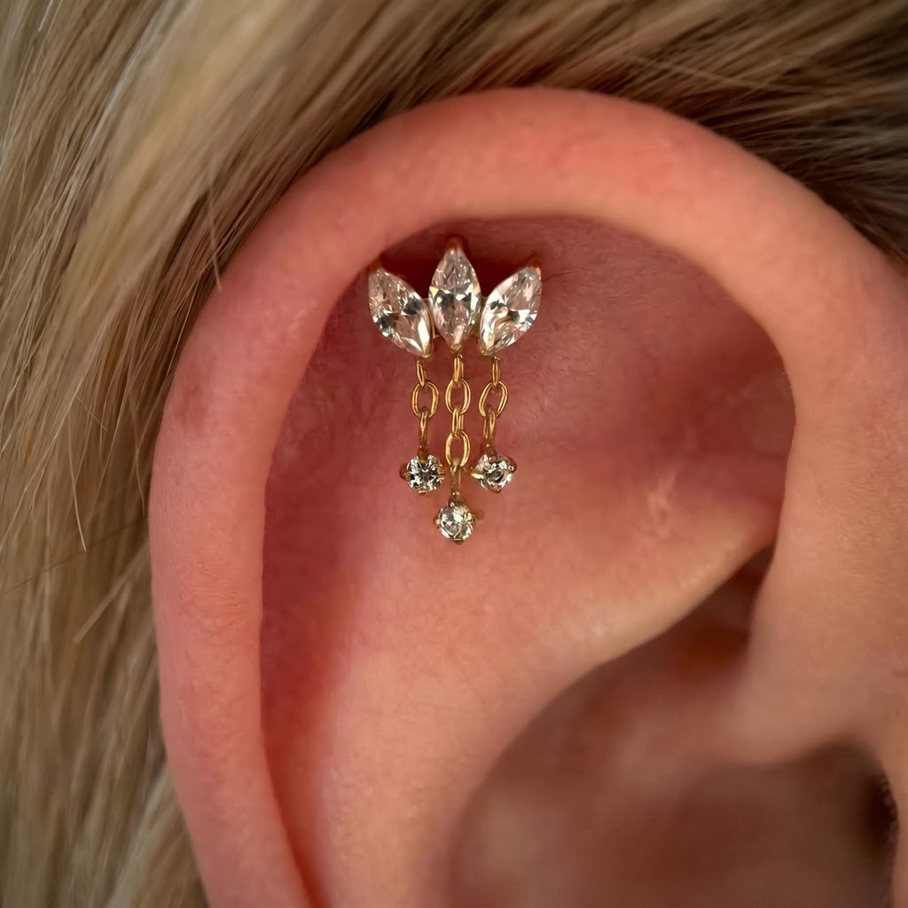 Lotus Flower Dangle Stud – Titanium CZ Chain Cartilage Earring