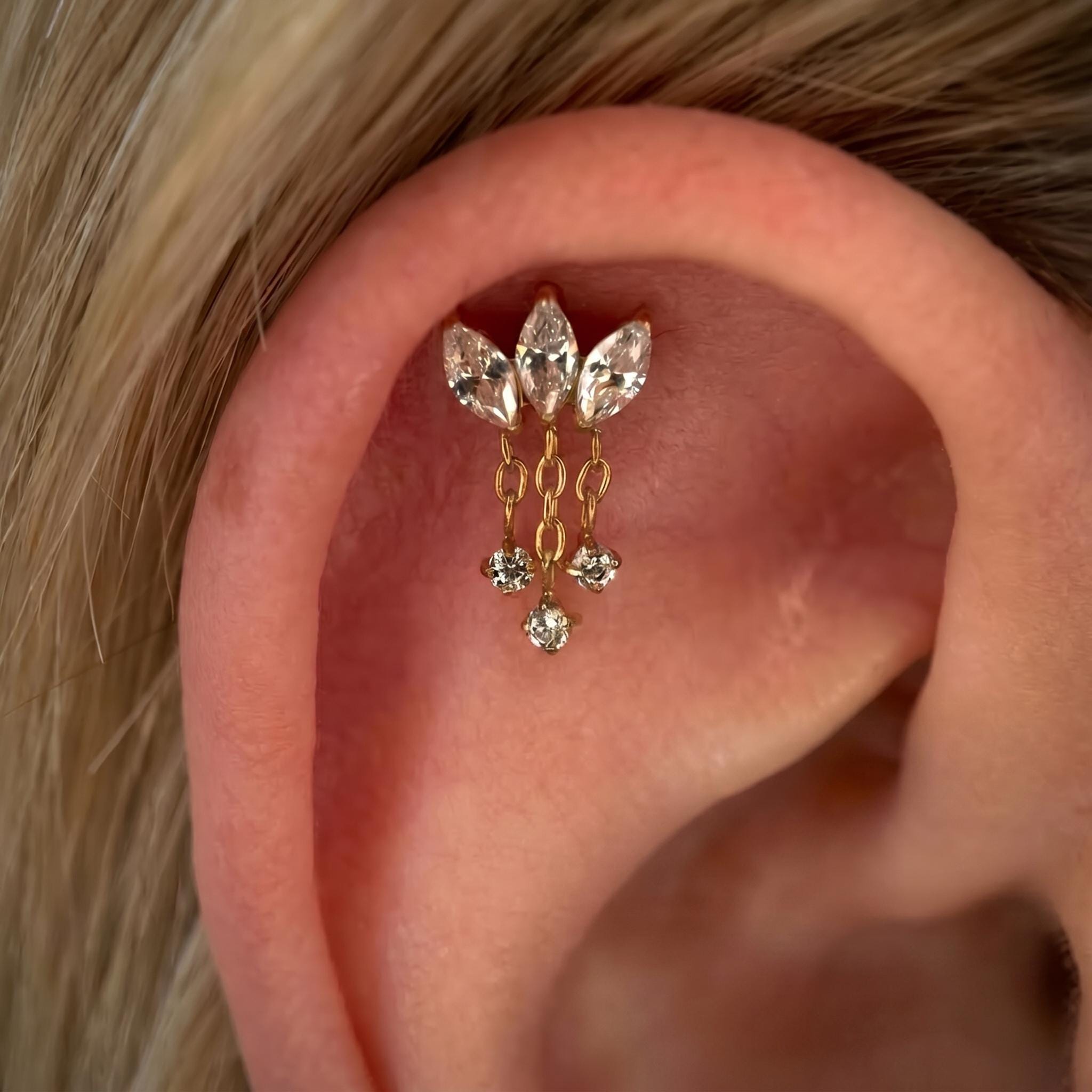 Lotus Flower Dangle Stud – Titanium CZ Chain Cartilage Earring