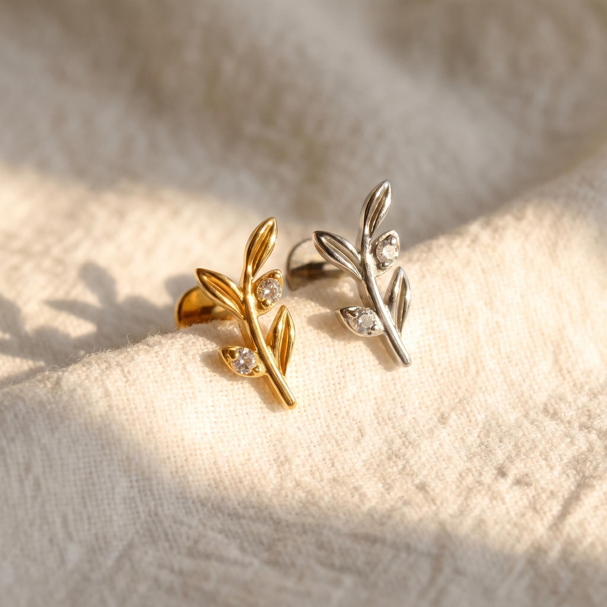 Olive Leaf Branch Stud – Titanium Dainty Cartilage & Helix Earring