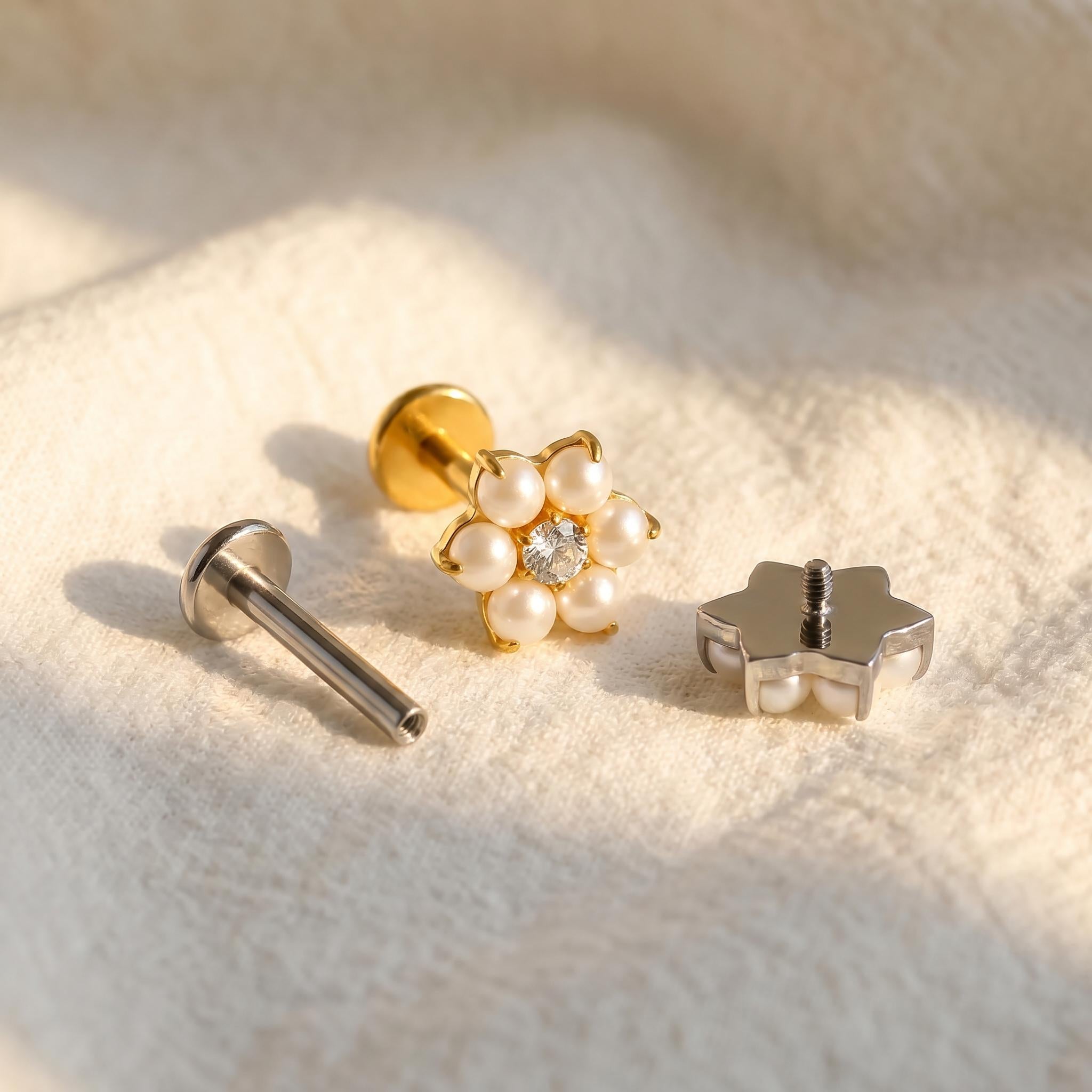 16G Titanium Pearl Flower Stud, ASTM F136 Flat Back Labret, CZ Floral Cartilage Earring, Tragus Helix Piercing, Dainty Nose Jewelry