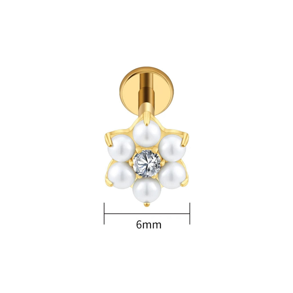 16G Titanium Pearl Flower Stud, ASTM F136 Flat Back Labret, CZ Floral Cartilage Earring, Tragus Helix Piercing, Dainty Nose Jewelry