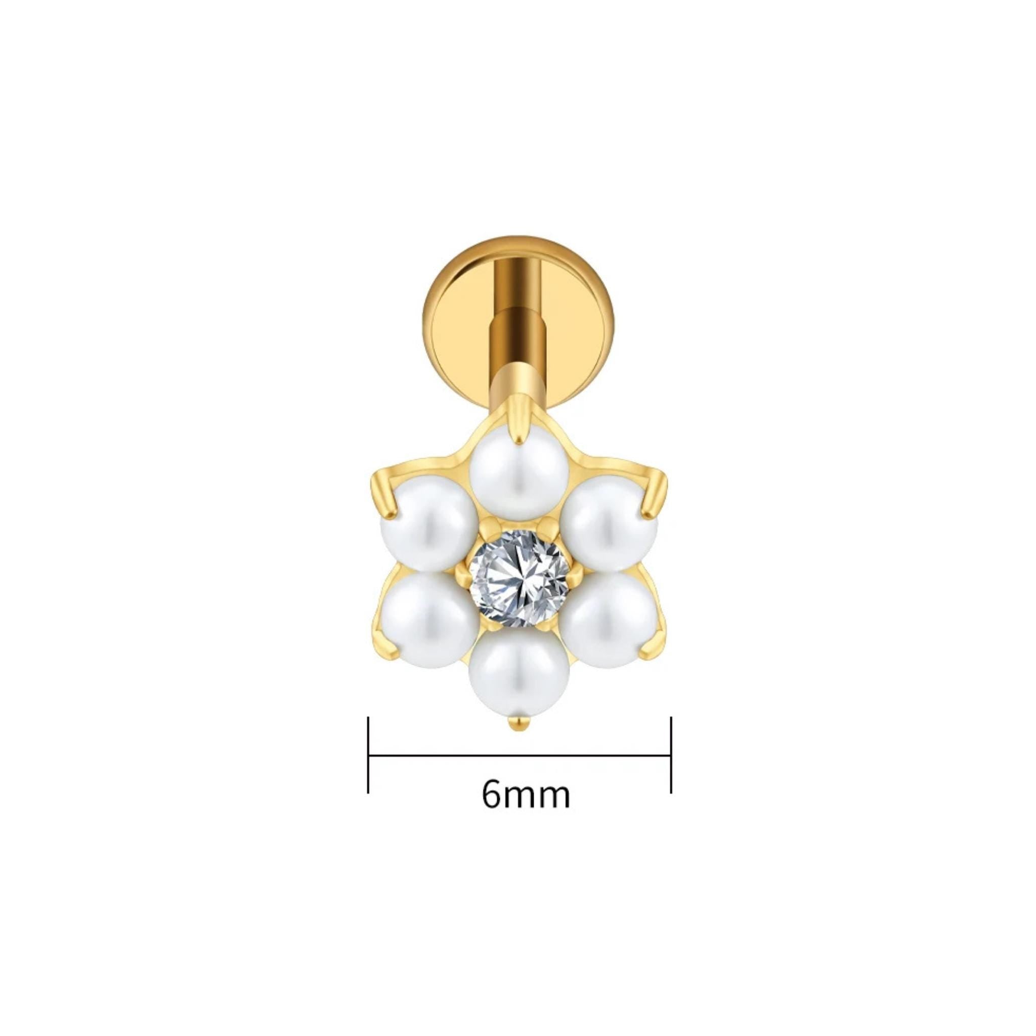 16G Titanium Pearl Flower Stud, ASTM F136 Flat Back Labret, CZ Floral Cartilage Earring, Tragus Helix Piercing, Dainty Nose Jewelry