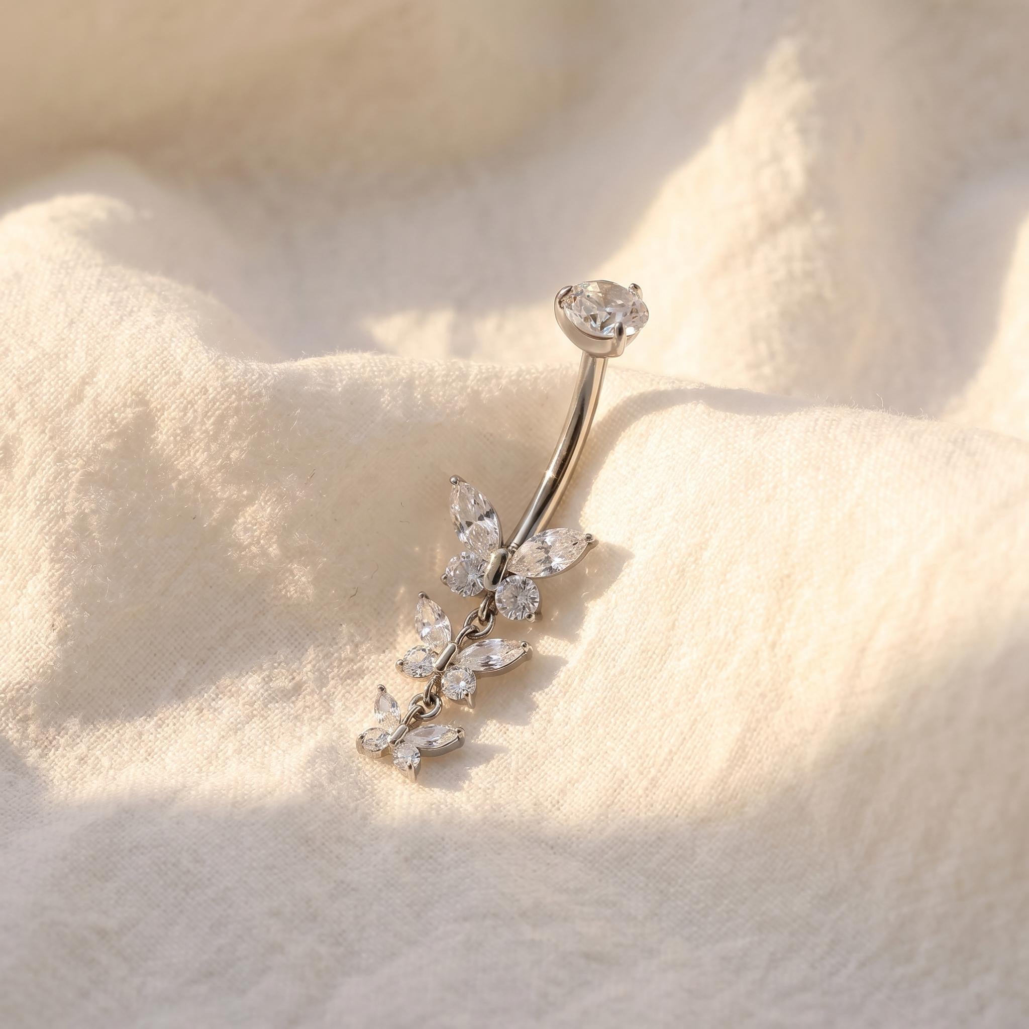 14G Titanium Triple Butterfly Belly Ring, Dangle CZ Navel Piercing, Sparkling Curved Barbell, Implant Grade Body Jewelry ASTM F136
