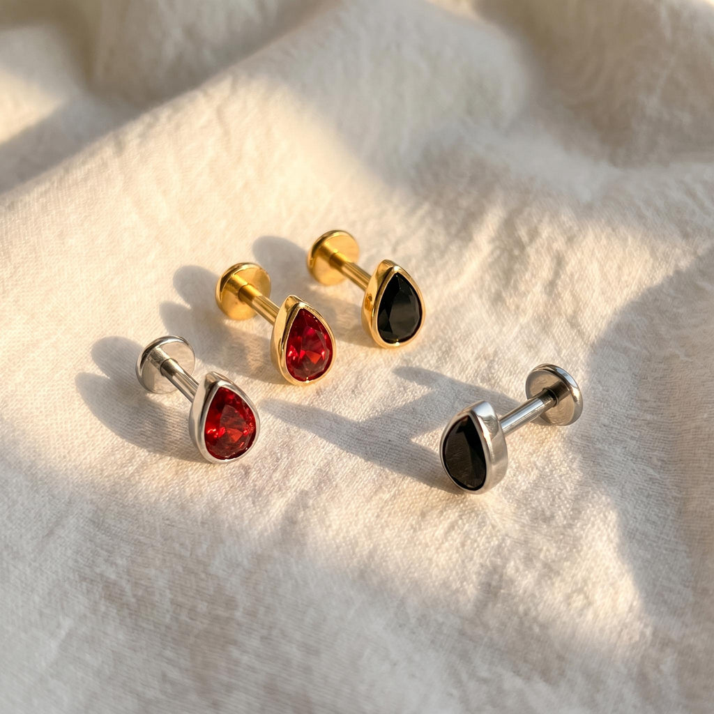 Garnet Teardrop CZ Labret – Titanium Red Drop Helix & Tragus Stud