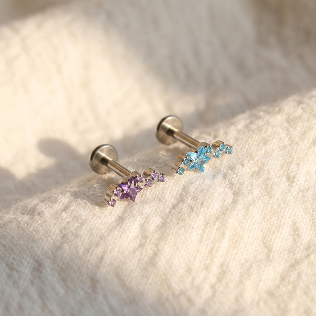 16G Titanium Constellation Star Labret, Internally Threaded Cartilage Stud, Conch Tragus Helix Piercing, Celestial Flat Back Earring