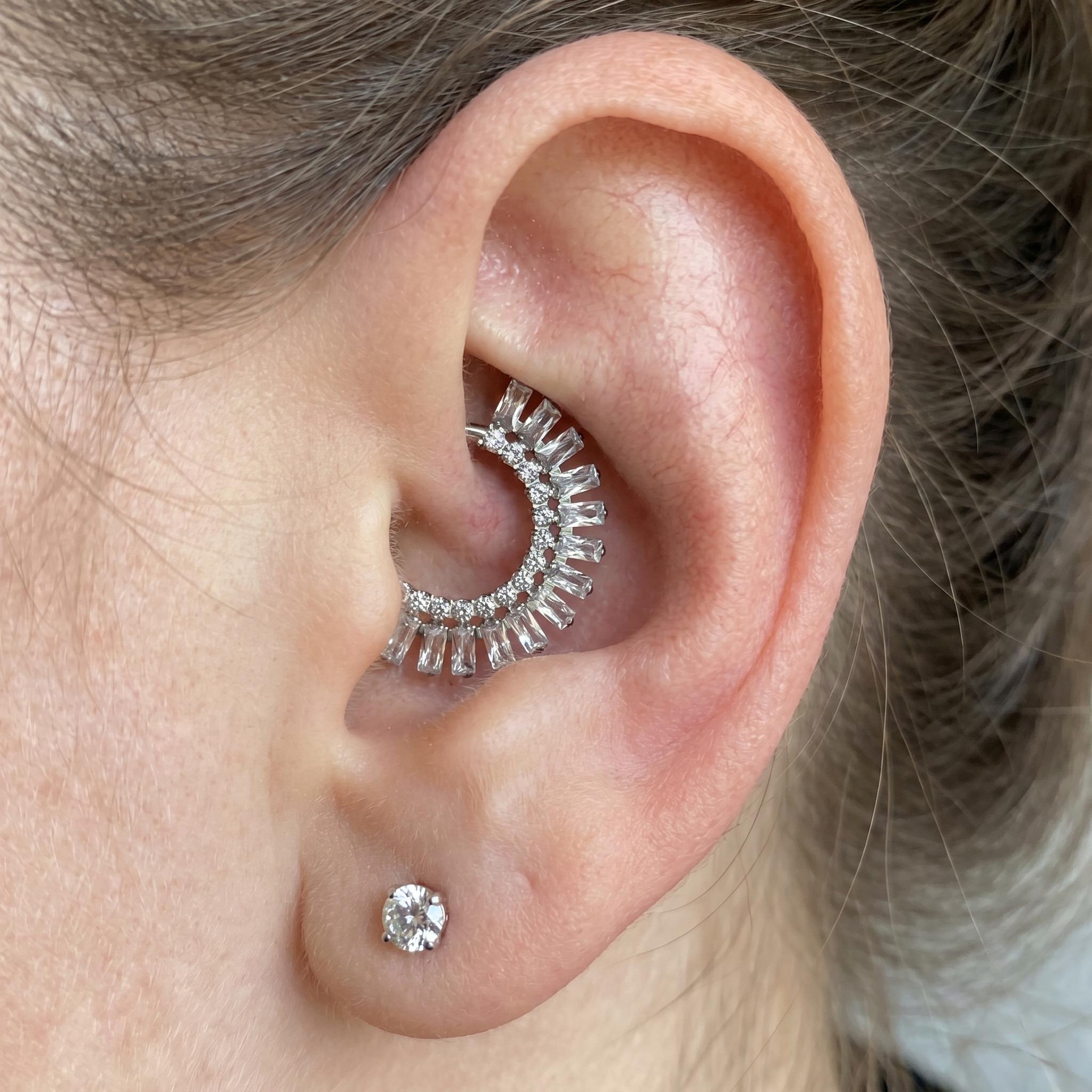 16G Titanium Sunburst Septum Clicker, Baguette CZ Daith Hoop, Crown Cartilage Earring, Radiant Hinged Segment Ring, ASTM F136