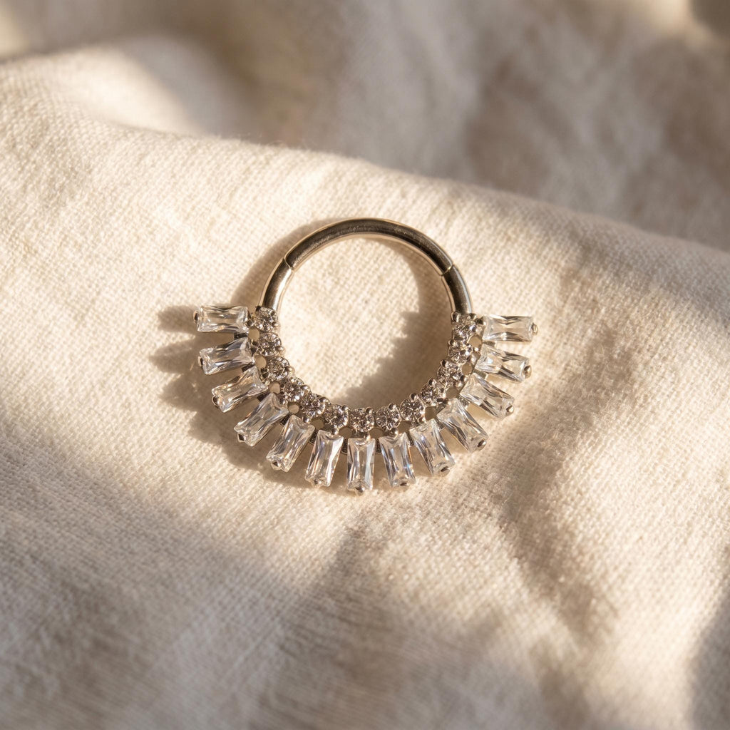 16G Titanium Sunburst Septum Clicker, Baguette CZ Daith Hoop, Crown Cartilage Earring, Radiant Hinged Segment Ring, ASTM F136