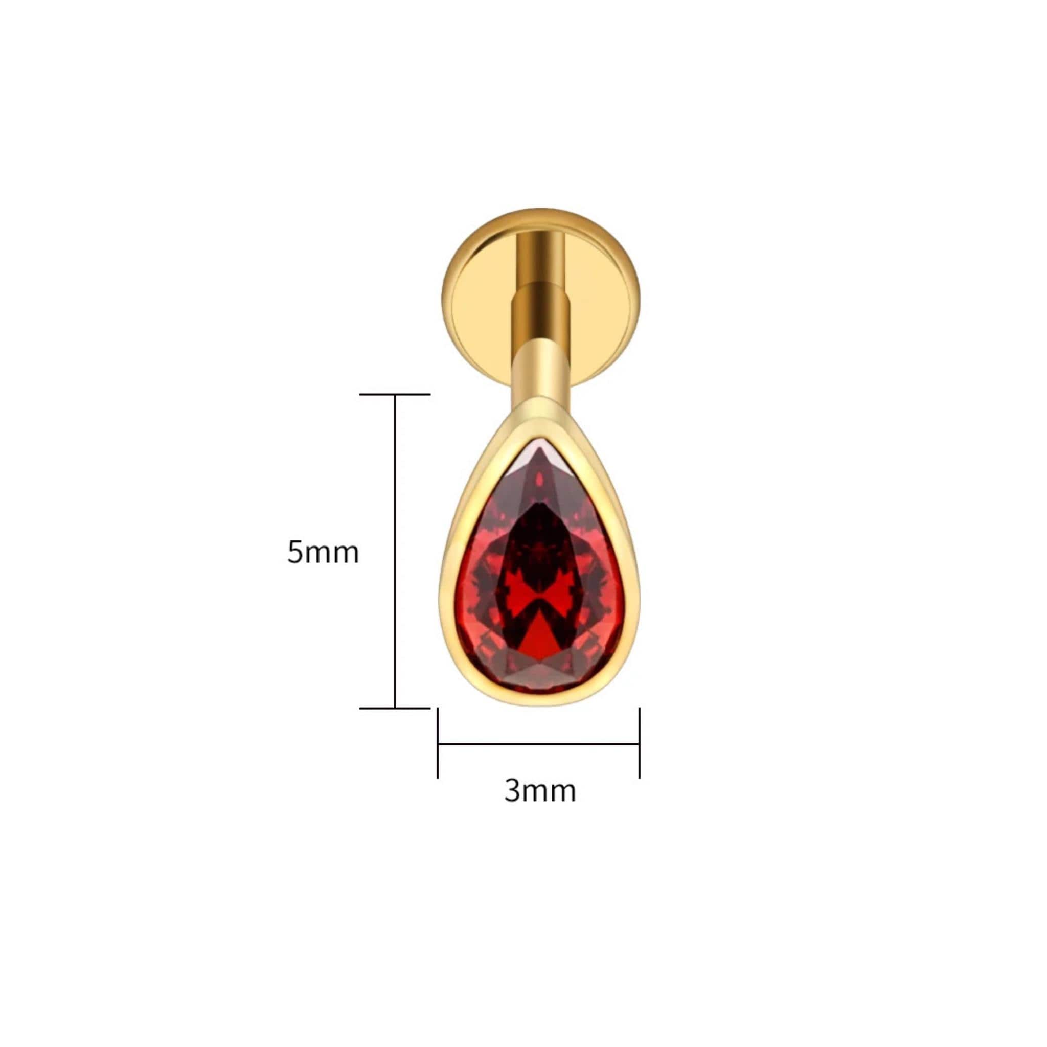 Garnet Teardrop CZ Labret – Titanium Red Drop Helix & Tragus Stud