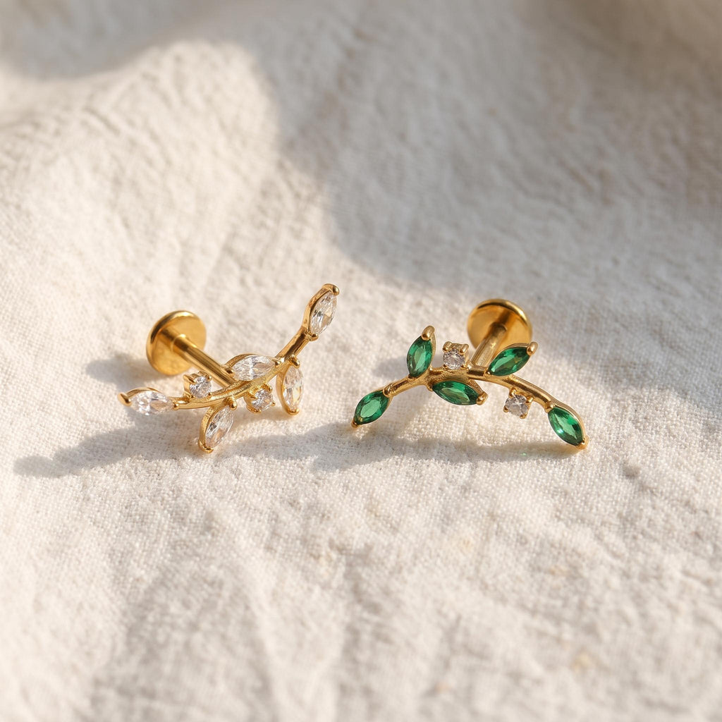 CZ Leaf Labret Stud – Titanium Botanical Cartilage & Helix Earring