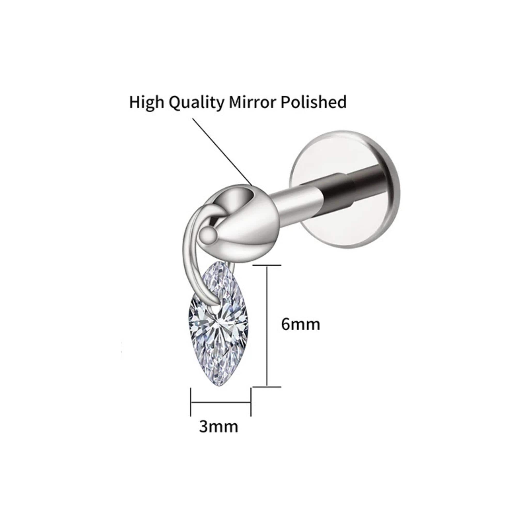 Floating Marquise CZ Dangle Stud – Titanium Flat Back Labret
