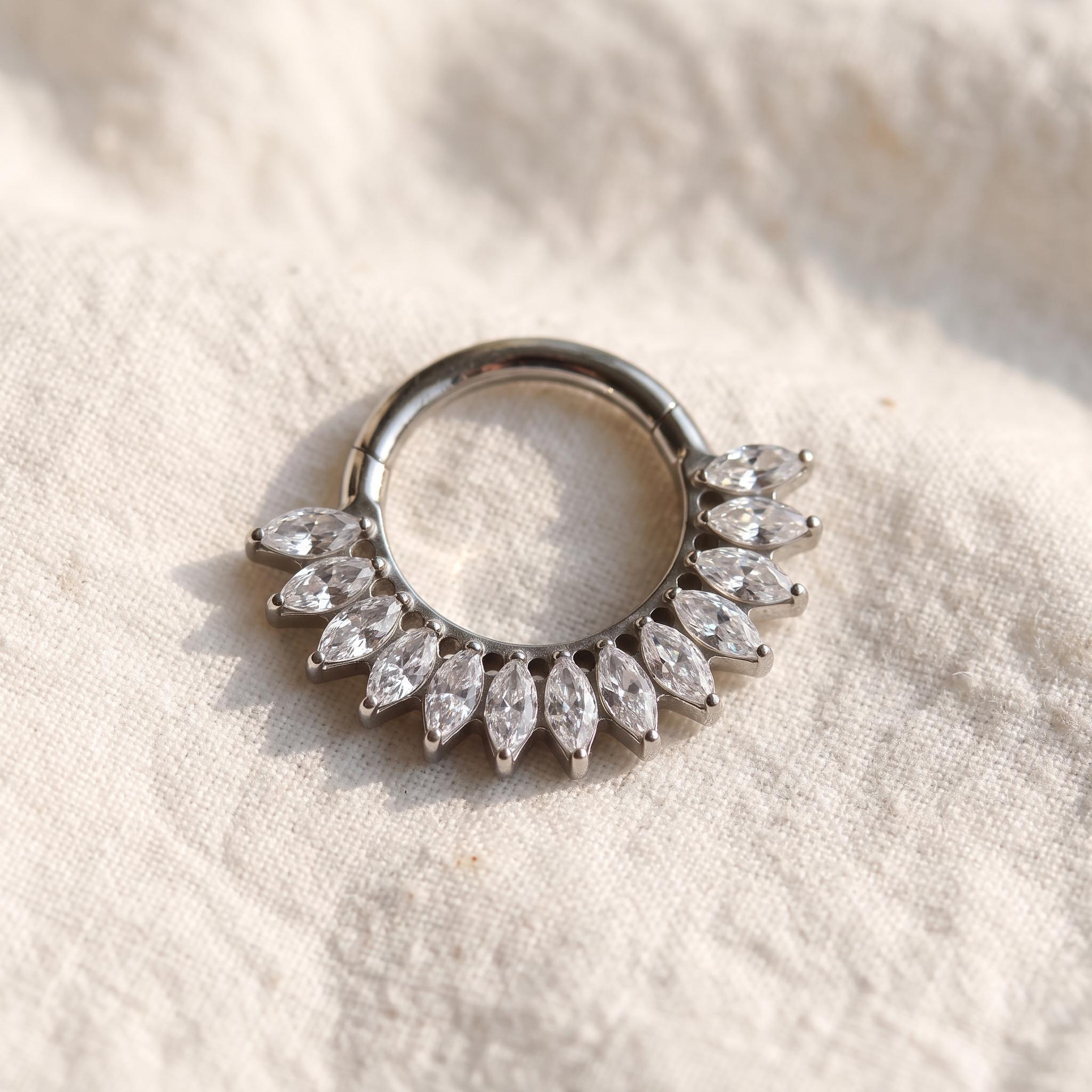 Marquise Cluster Septum Clicker – Titanium Floral CZ Daith Hoop