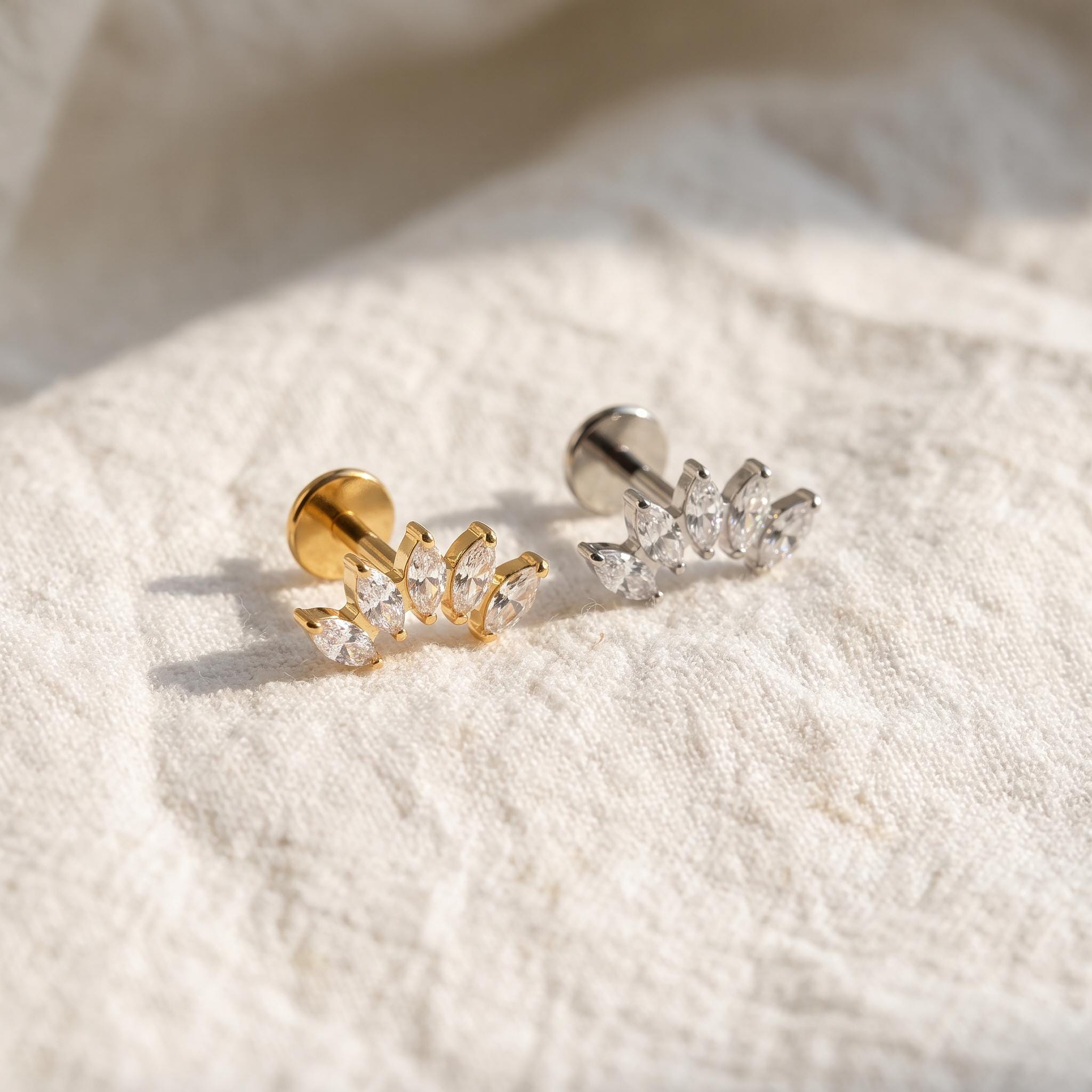 Marquise Fan Crown Stud – Titanium CZ Crystal Helix & Conch