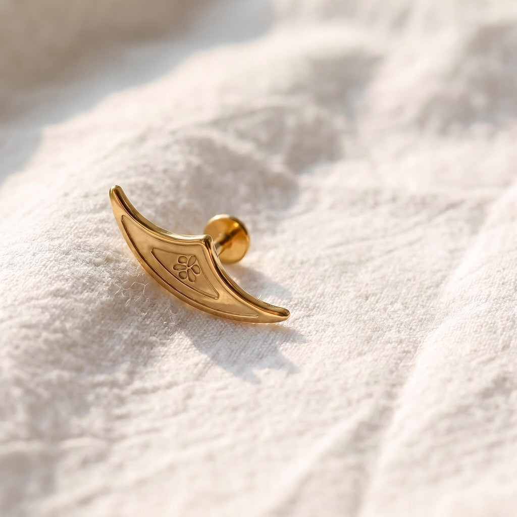 Front view of the titanium flat-back stud designed for hidden helix and standard helix piercings