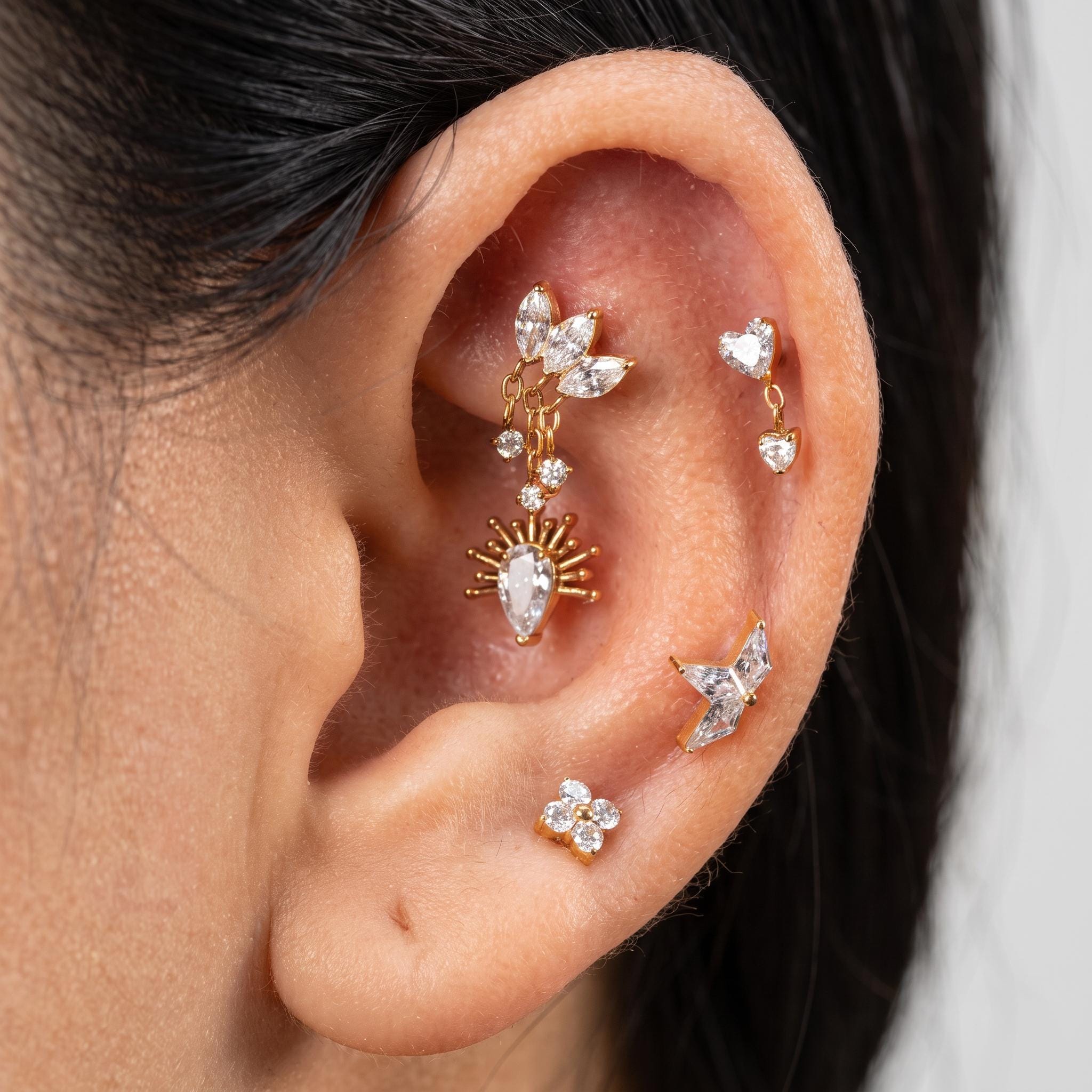 Tiny Heart Dangle Stud – Titanium CZ Drop Cartilage Earring