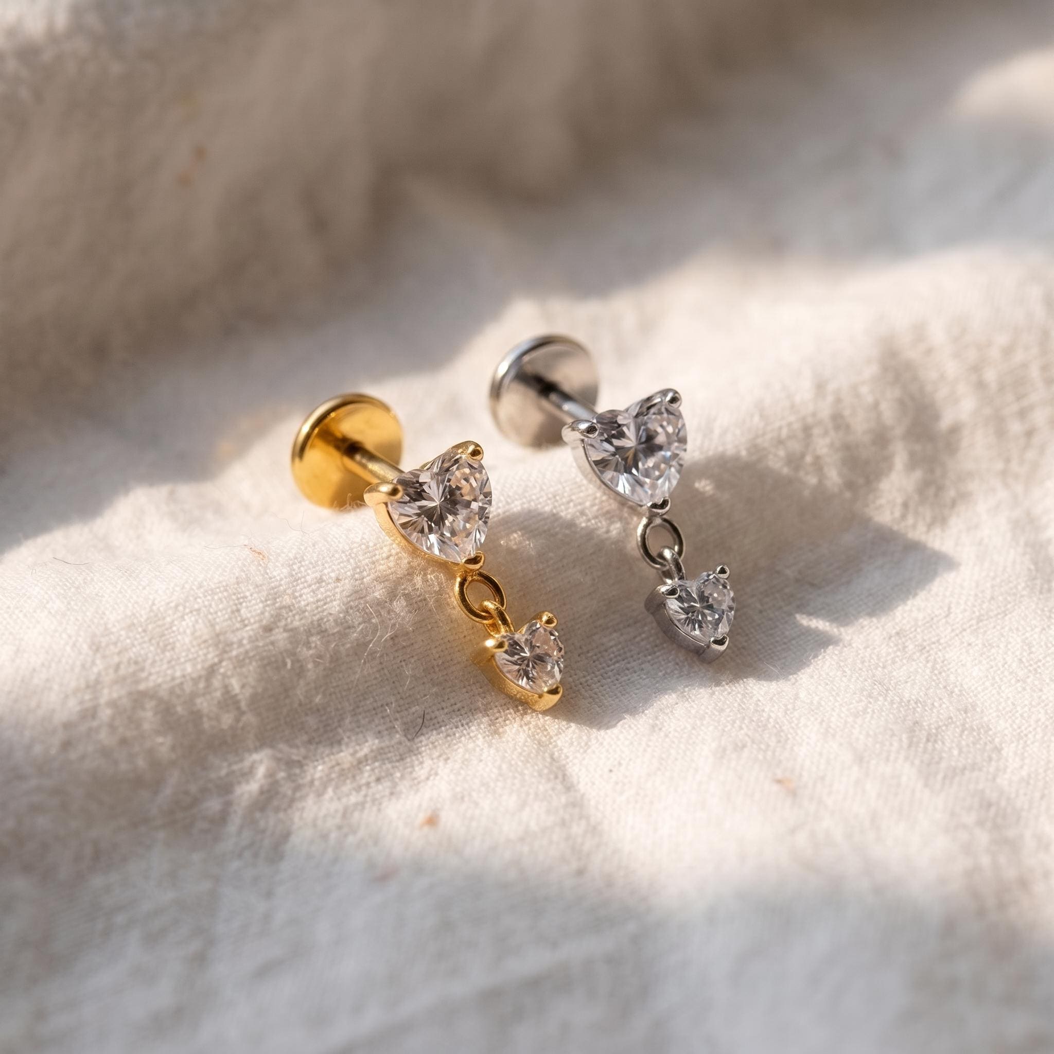 Tiny Heart Dangle Stud – Titanium CZ Drop Cartilage Earring