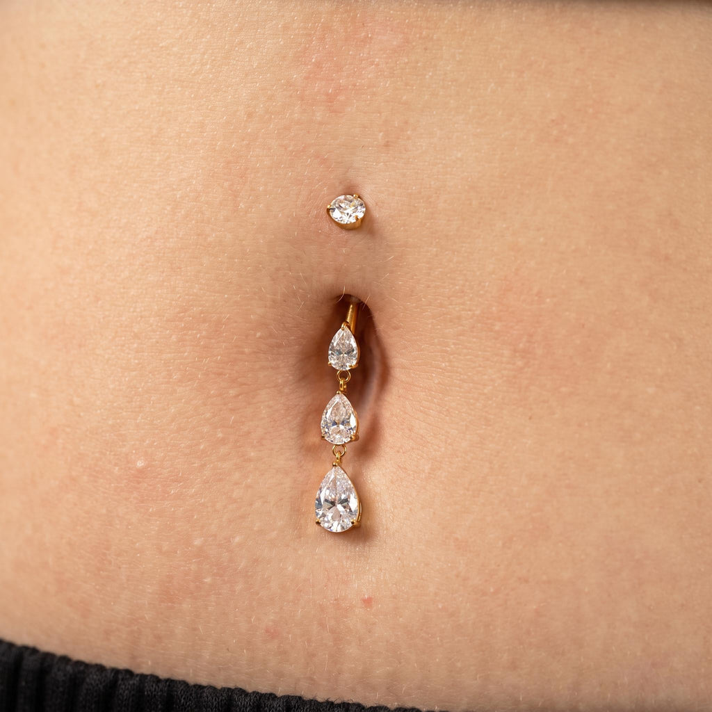 Triple Teardrop Belly Ring – Titanium Waterdrop CZ Navel Piercing