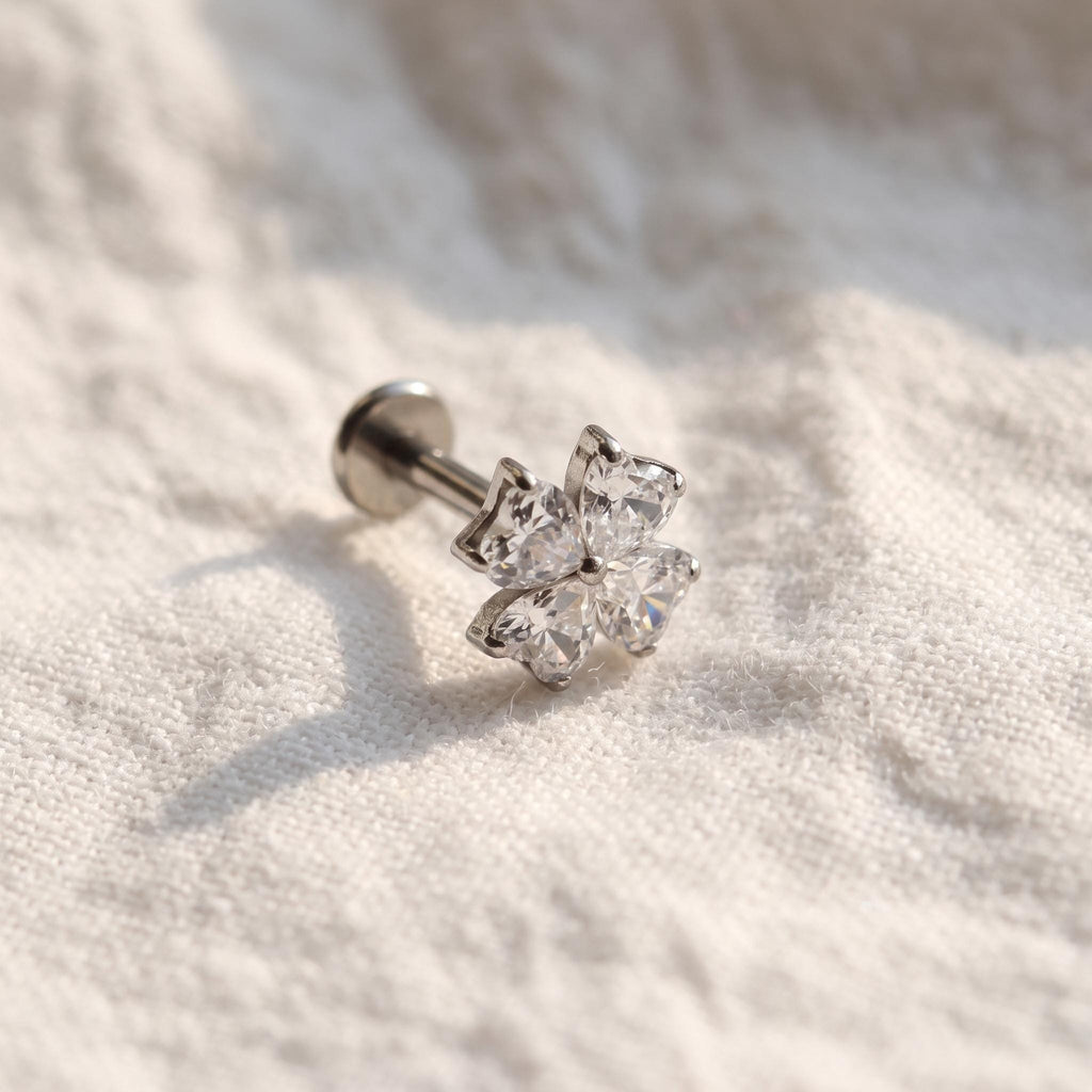 Heart CZ Flower Stud – Titanium Flat Back Helix, Tragus & Conch Earring