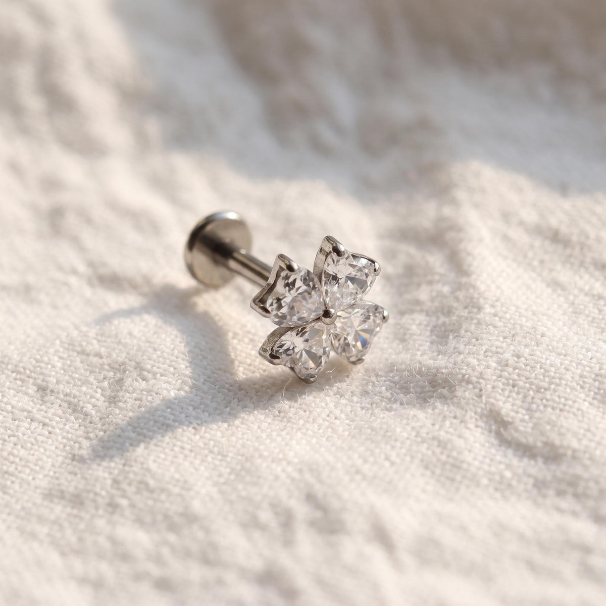 Heart CZ Flower Stud – Titanium Flat Back Helix, Tragus & Conch Earring