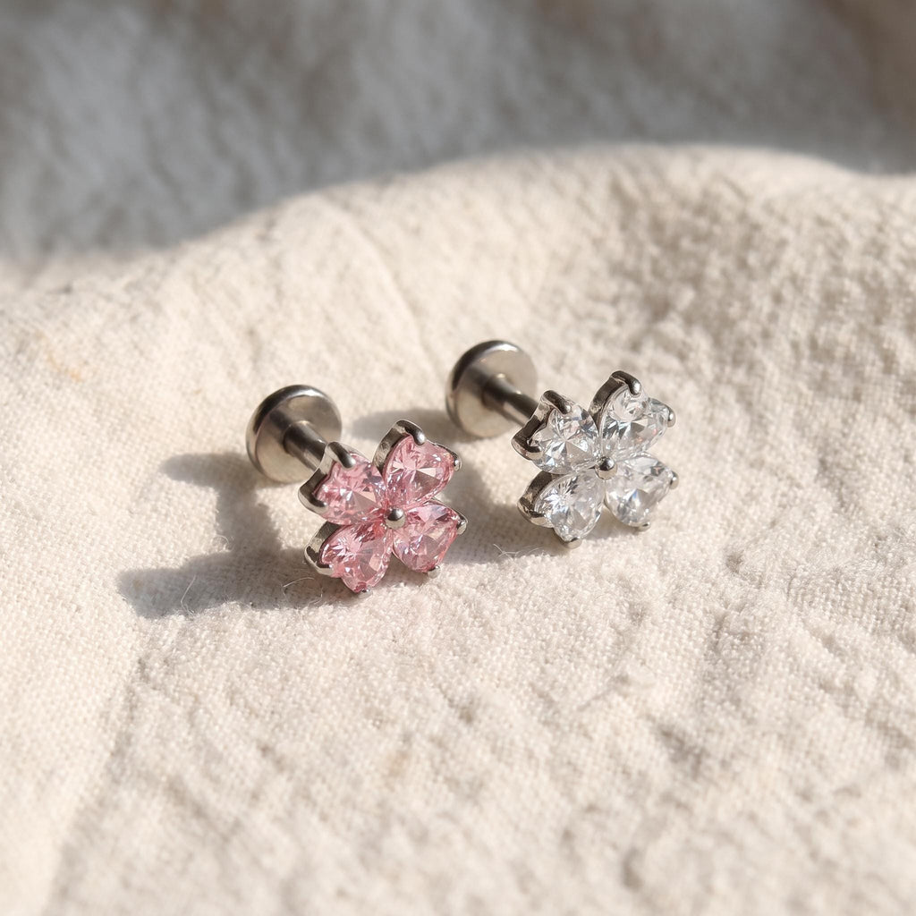 Heart CZ Flower Stud – Titanium Flat Back Helix, Tragus & Conch Earring