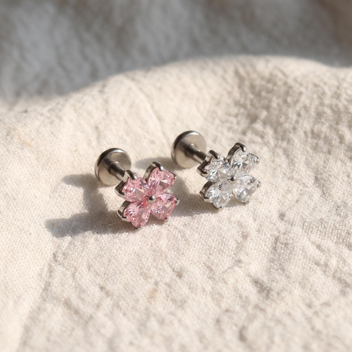 Heart CZ Flower Stud – Titanium Flat Back Helix, Tragus & Conch Earring