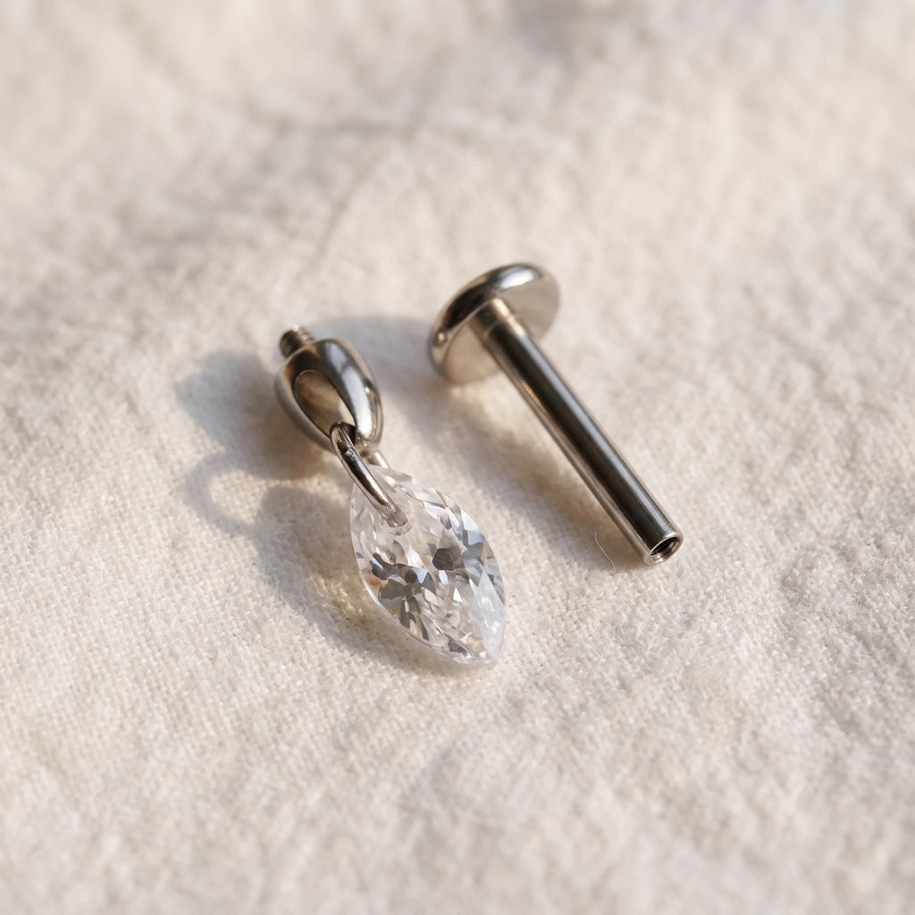 Floating Marquise CZ Dangle Stud – Titanium Flat Back Labret