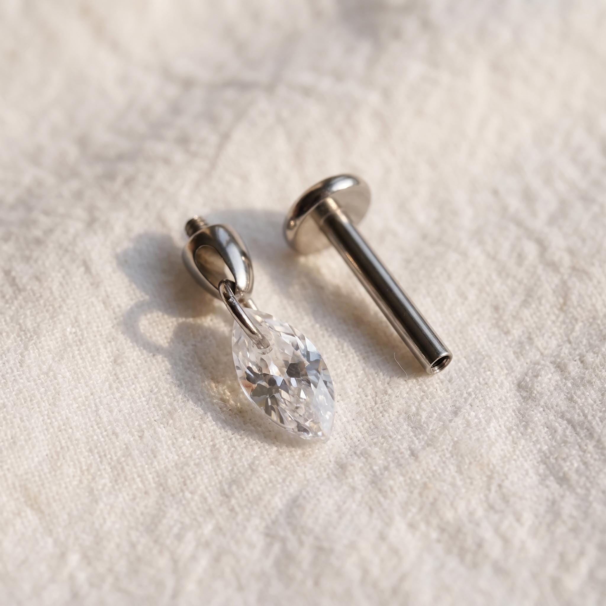 Floating Marquise CZ Dangle Stud – Titanium Flat Back Labret