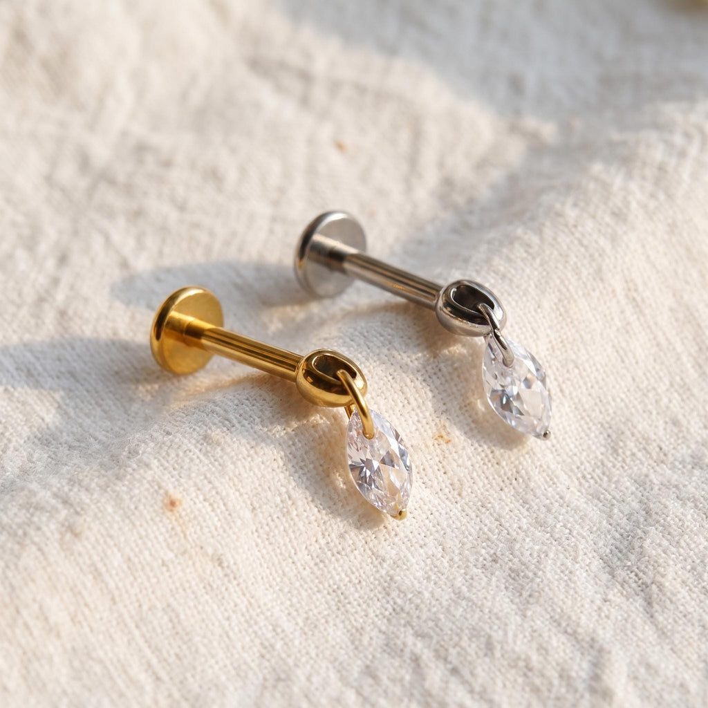 Floating Marquise CZ Dangle Stud – Titanium Flat Back Labret