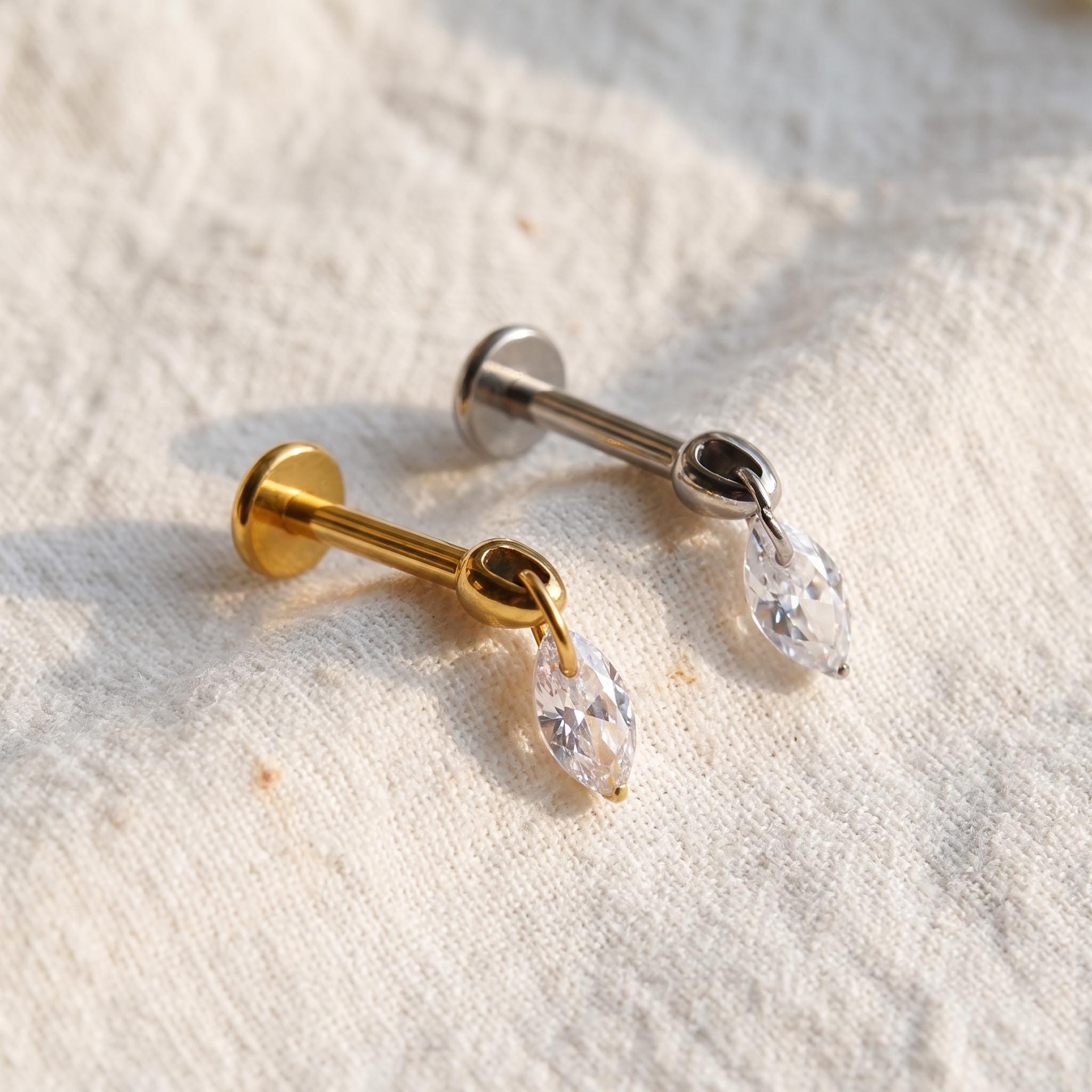 Floating Marquise CZ Dangle Stud – Titanium Flat Back Labret