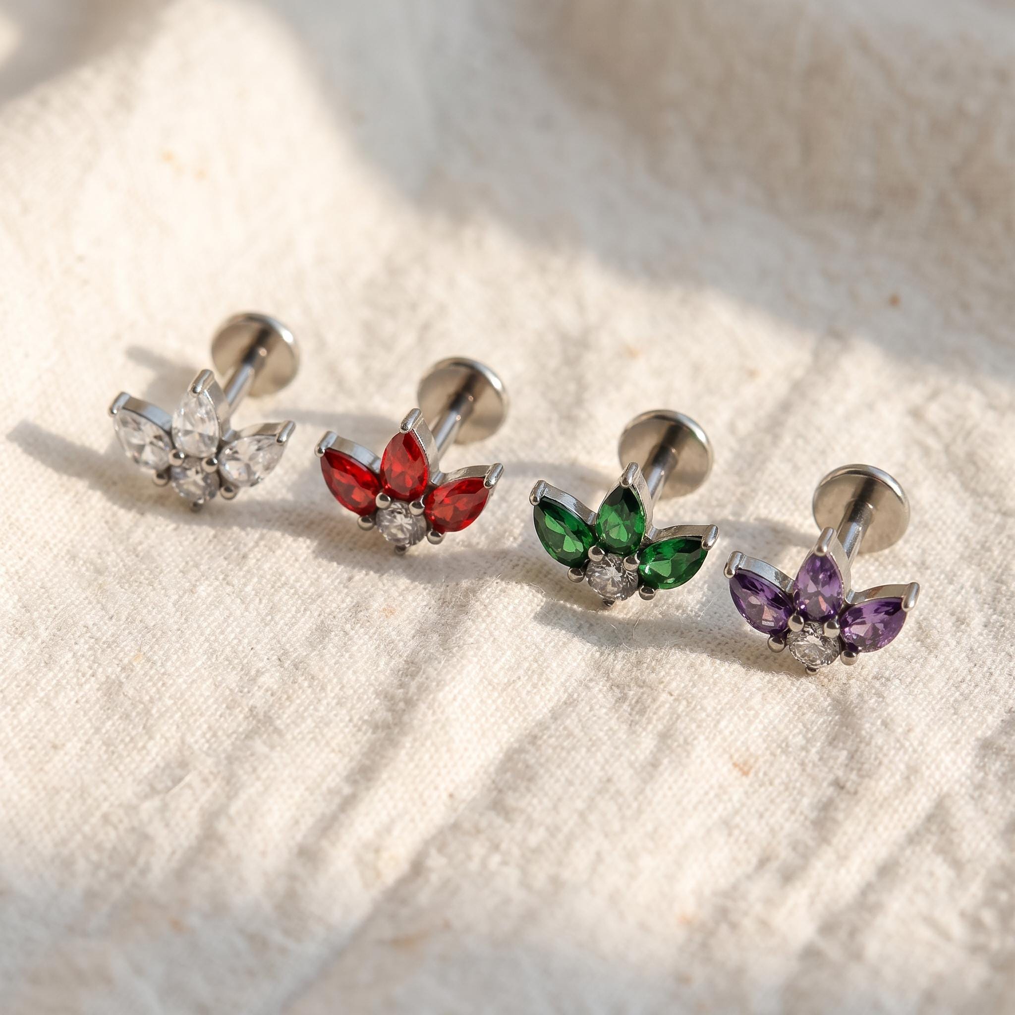 Triple Pear Fan Stud – Titanium CZ Trinity Lotus Earring