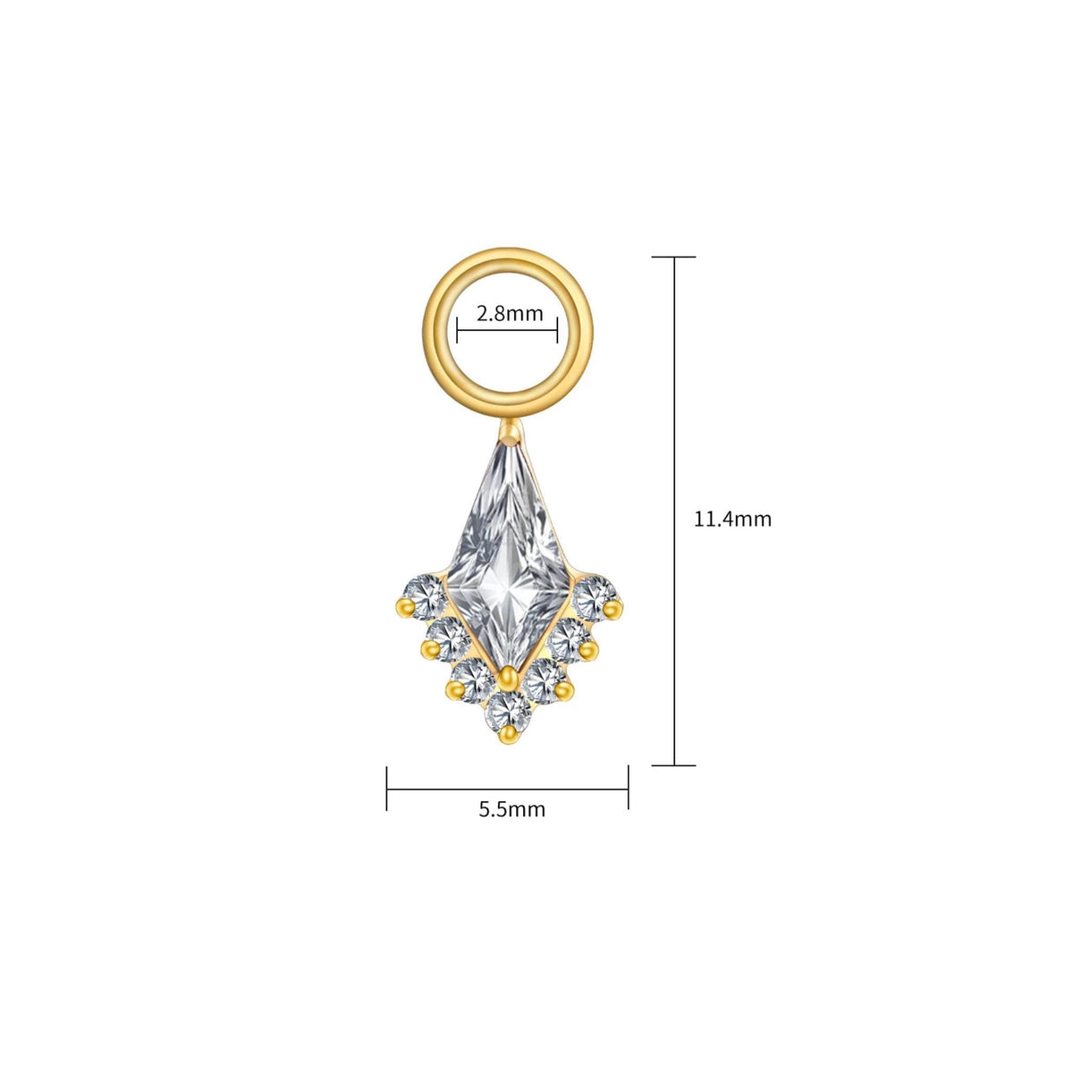 Angled view of the titanium kite CZ dangle charm for helix piercing hoops