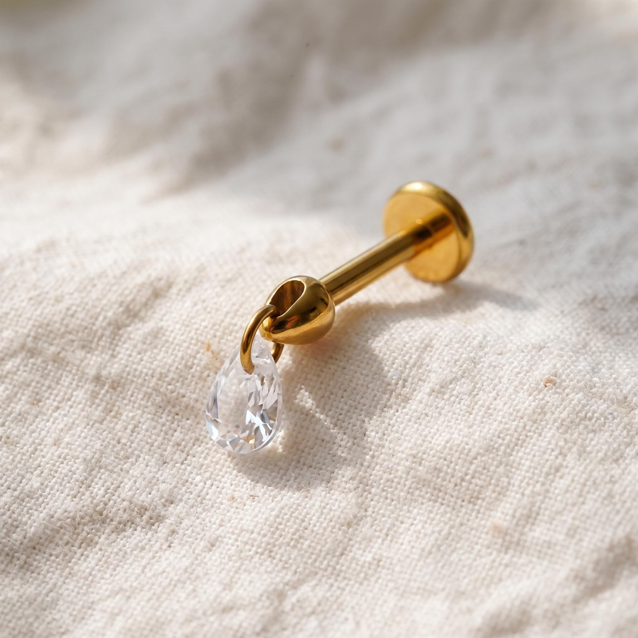 Floating Pear Dangle Stud – Titanium Waterdrop CZ Cartilage Earring