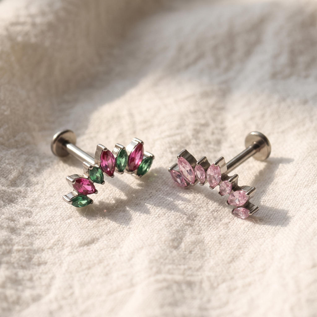 Angled view of the titanium curved marquise CZ ear climber stud for helix piercings