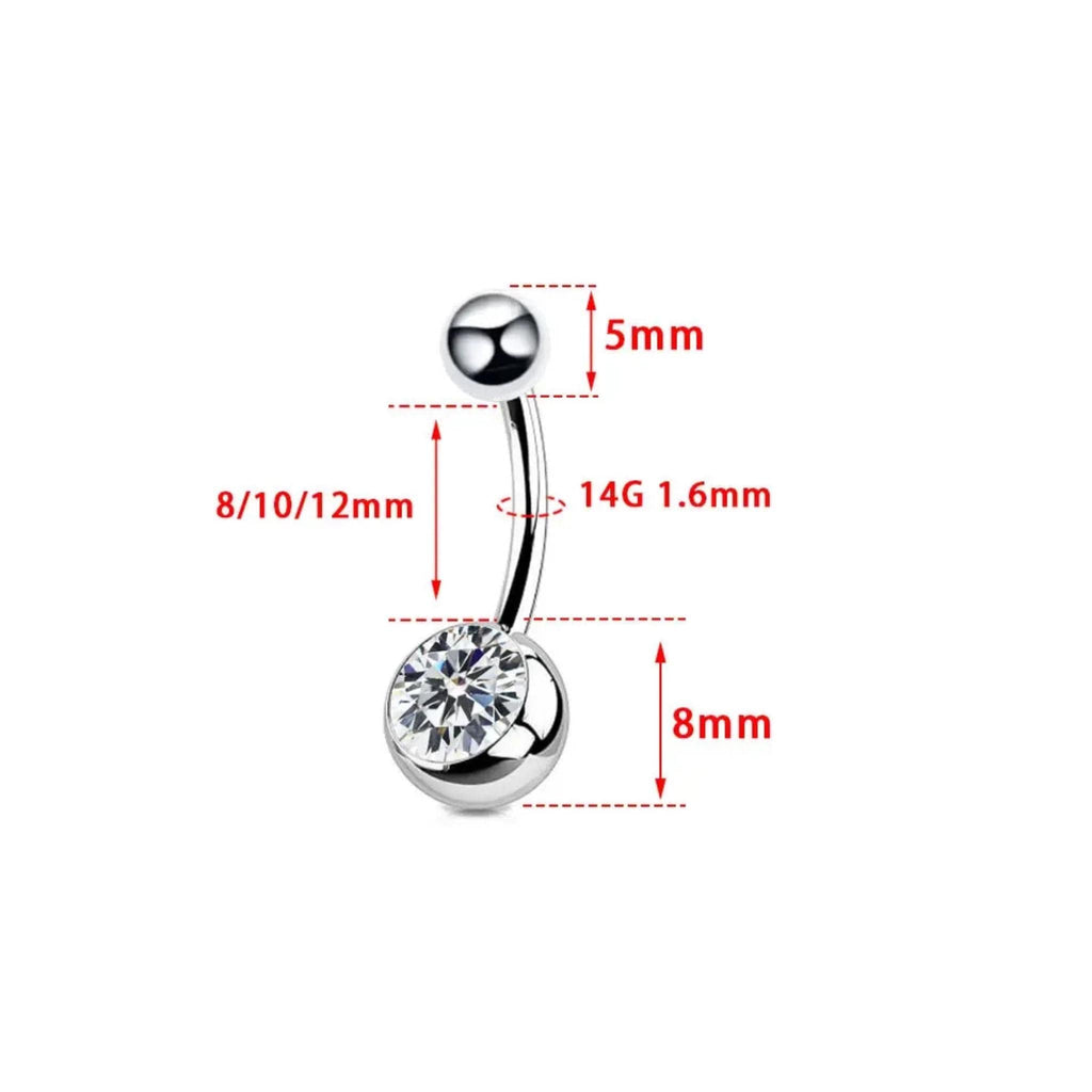 Angled view of the titanium internally threaded CZ curved barbell for navel piercings