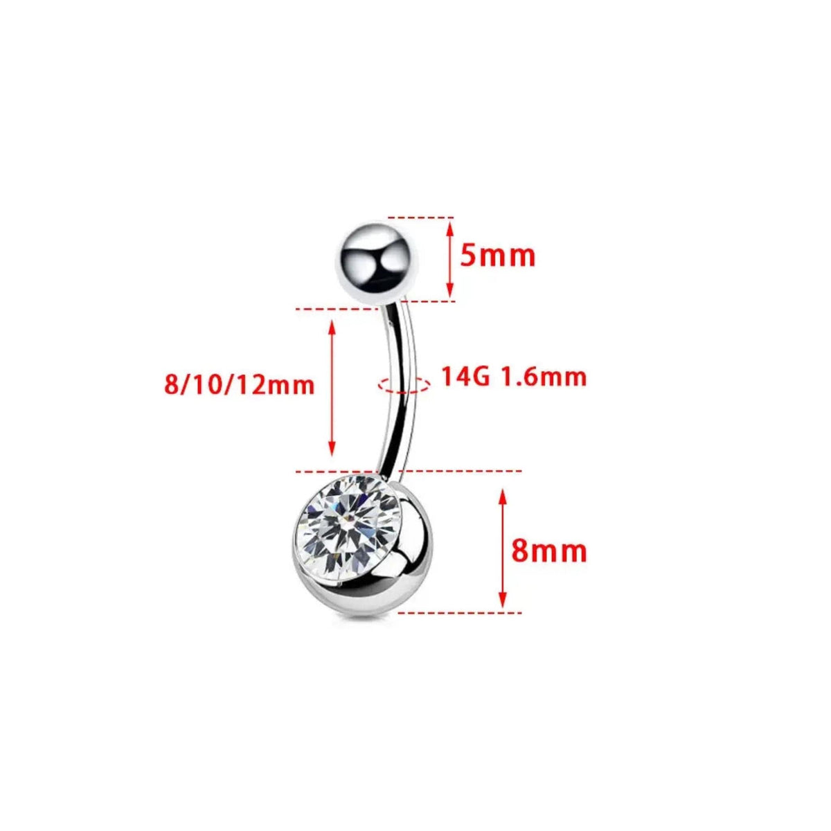 Angled view of the titanium internally threaded CZ curved barbell for navel piercings