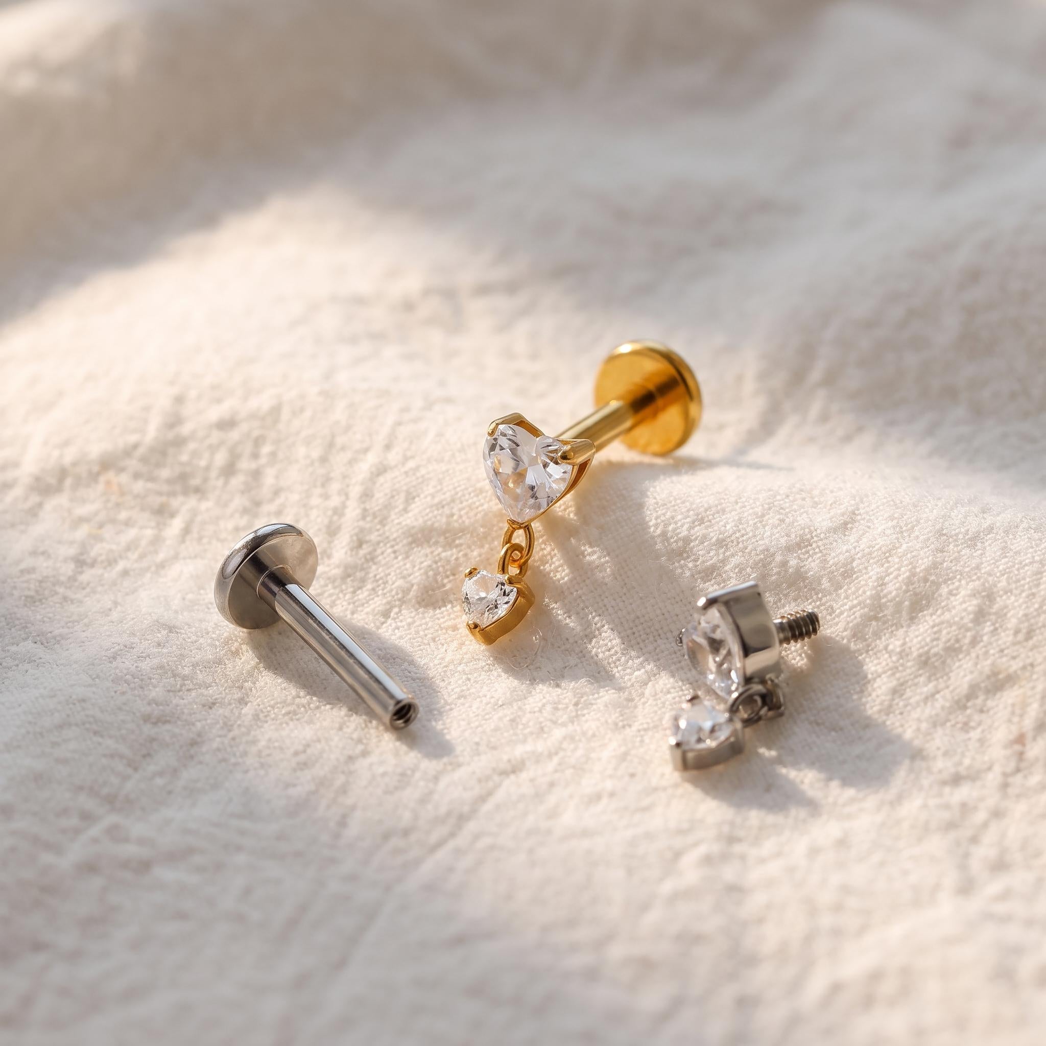 Tiny Heart Dangle Stud – Titanium CZ Drop Cartilage Earring