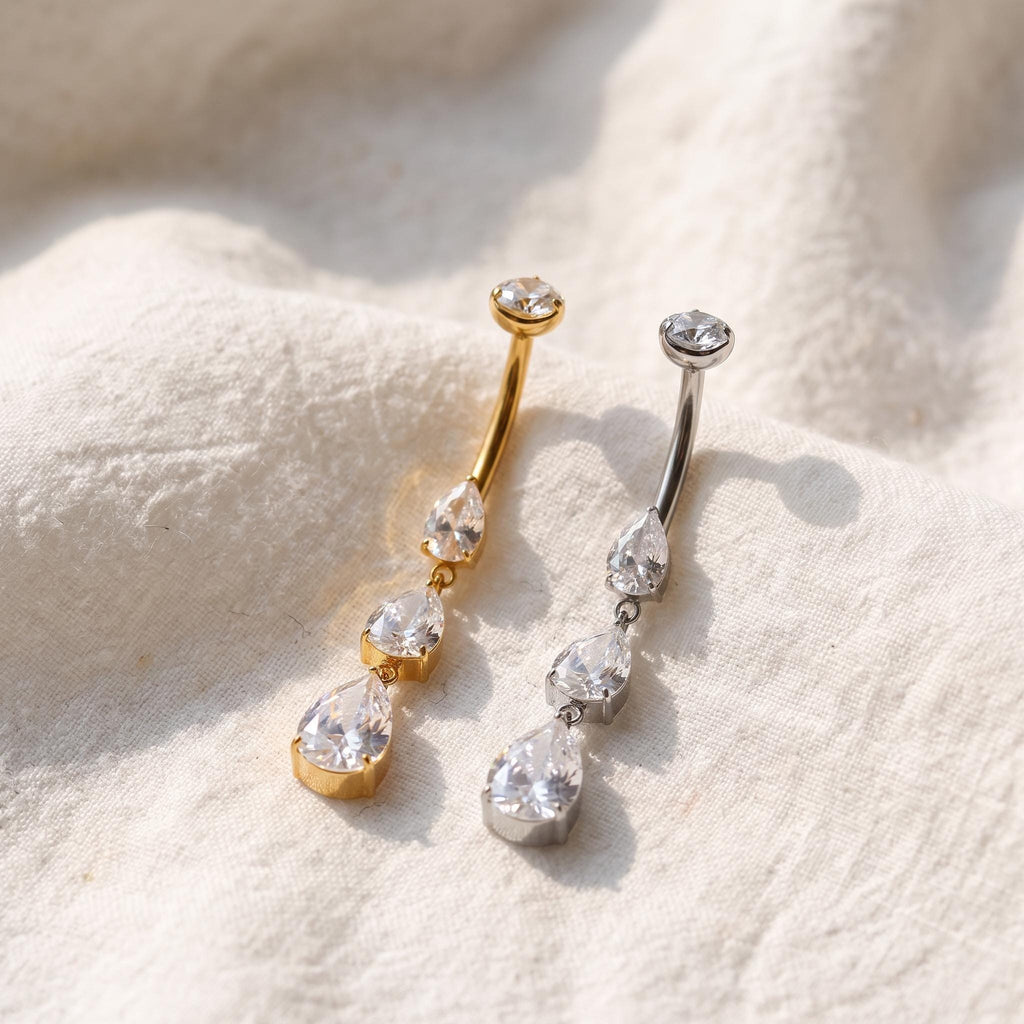 Triple Teardrop Belly Ring – Titanium Waterdrop CZ Navel Piercing