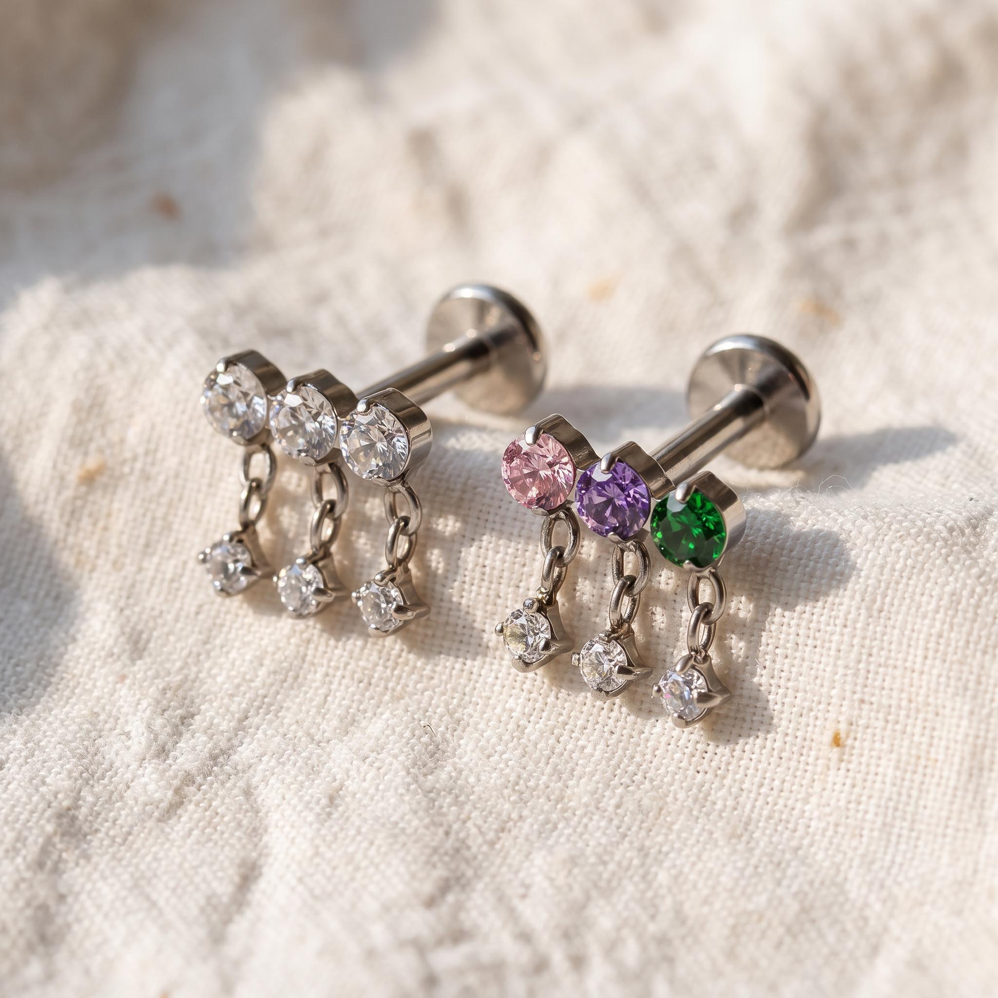 Floating Chain Dangle Helix Stud – Titanium Triple CZ Cartilage